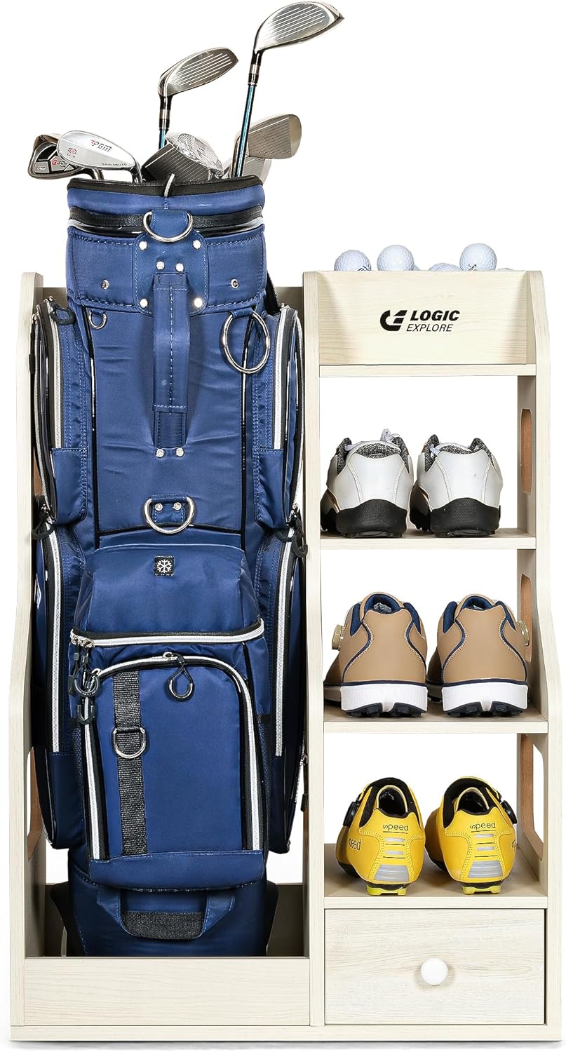 Premium Wooden Golf Bag Organizer Rack, Golf Bag Storage Rack with Drawer, MDF Wooden Golf Organizer, Heavy Duty Golf Equipment Storage Rack for Home, Garage, Golf Club, Office