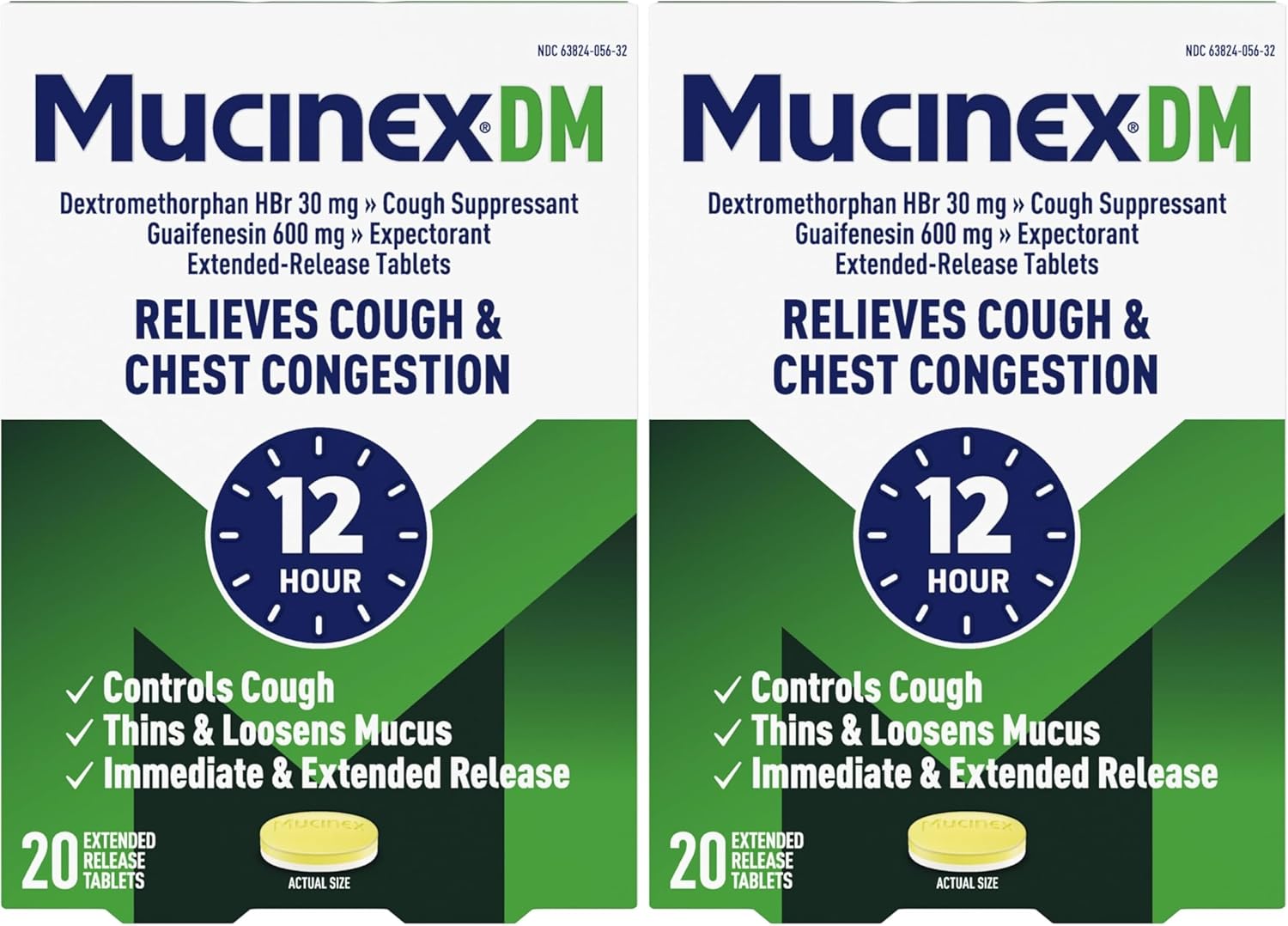 Mucinex DM 12Hr Chest Congestion & Cough Medicine for Adults, Cold and Cough Medicine for Excess Mucus Relief, 600 mg Guaifenesin & 30 mg Dextromethorphan HBr, 20 Bi-Layer Tablets (Pack of 2)