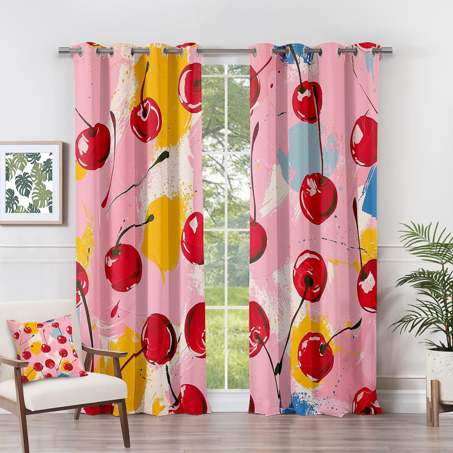 Cherry Curtains 63 Inch Length - Cute Fruit Girls Pink Patterned Blackout Curtains for Living Room Bedroom, Room Darkening Grommet Drapes Window Treatments, 2 Panel Set
