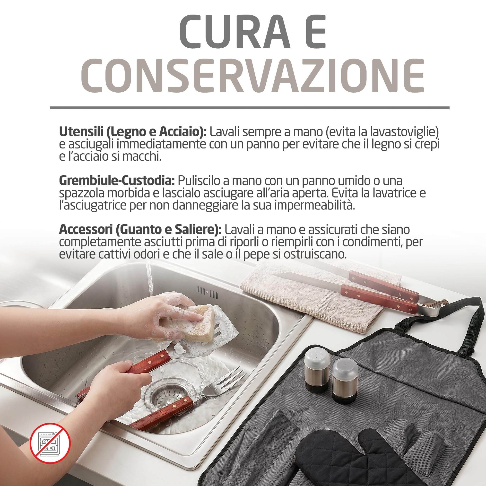 Amig - Grembiule barbecue con 7 accessori - Acciaio inossidabile - Set utensili BBQ - Con tasche - Accessori pratici e presentazione curata per regalo - Mod. AM17