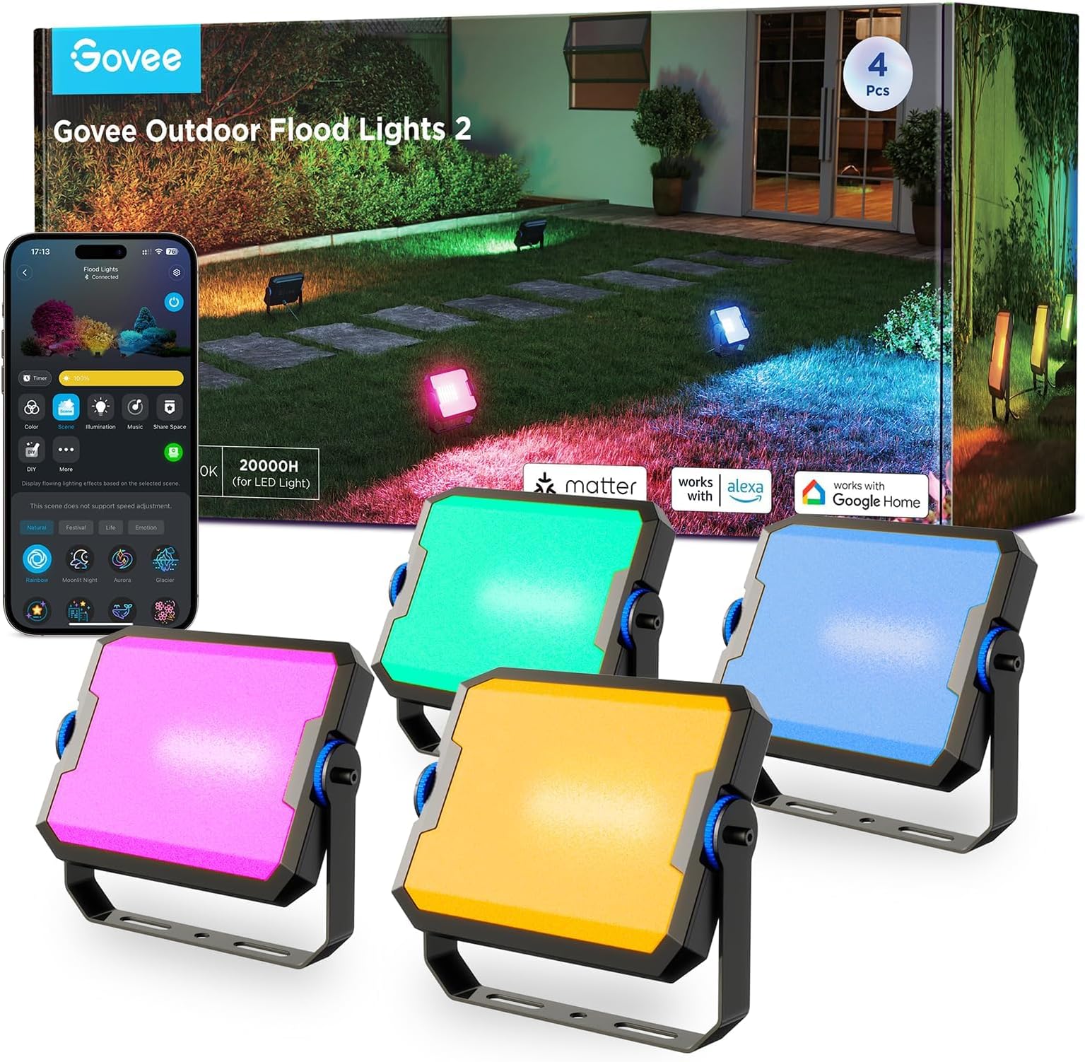 Outdoor Flood Lights 2, RGBIC Warm Cold White LED Lights for Outdoor Decorations, 50 Scene Modes, Landscape Lighting, Upgrated IP66 with App Control, Wired 4 Pack