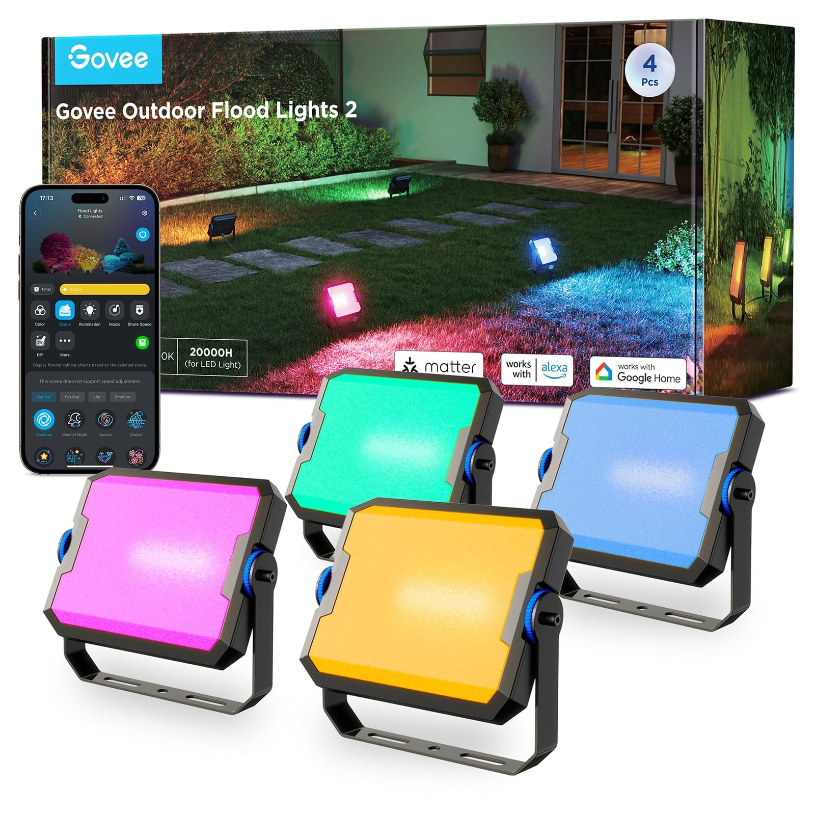 Outdoor Flood Lights 2, RGBIC Warm Cold White LED Lights for Outdoor Decorations, 50 Scene Modes, Landscape Lighting, Upgrated IP66 with App Control, Wired 4 Pack