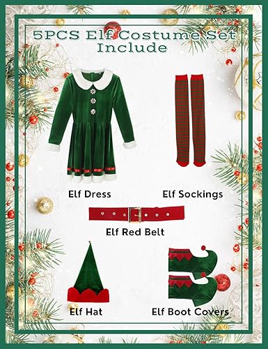 Miniatura 5 de Wabolay Disfraz de elfo para mujer, vestido de Navidad para adultos, 5 piezas, lindo traje de Navidad de elfos de Santa con sombrero, zapatos,
