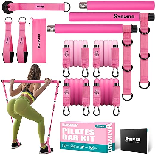 Pilates Bar Kit with Resistance Bands, Pilates Workout Equipment for Legs, Hip, Waist, Arm, Squats Exercise Equipment for Home Workouts, Adjustable 3-Section Pilates Bar Kit for Women & Men