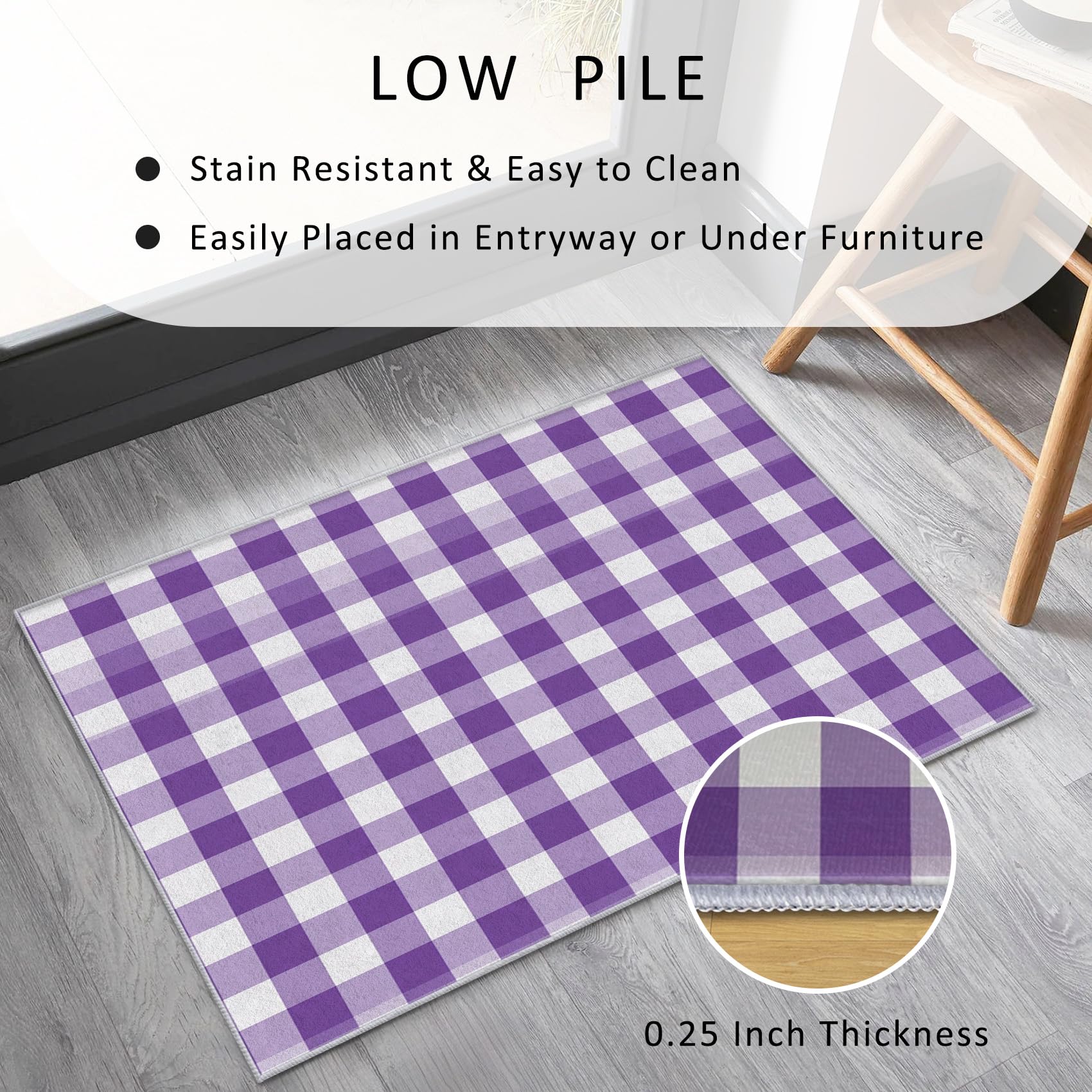 Lila Gitter Waschbarer Teppich 80 x 150 cm – Weich rutschfest Büffel Schachbrett Design für Wohnzimmer & Schlafzimmer Deko Kurzflor Tappeto per elegante Räume