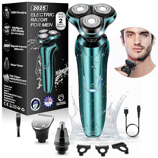 Electric Razor for Men, 2023 Men’s Electric Shavers Rotary Replacement/Waterproof/Rechargeable, Electric Shaver for Men Cordless Floating Head Replaceable Blades, Portable Travel Razor Idea Men Gift