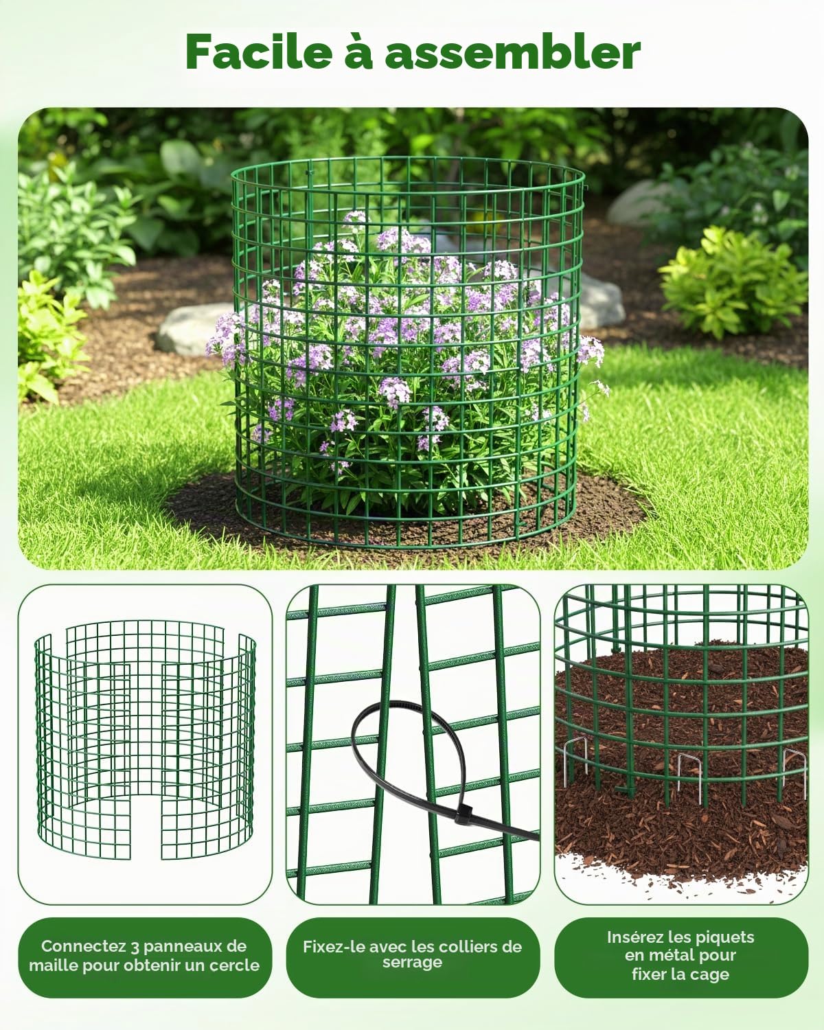 Lot de 10 grilles de protection pour plantes avec couvercle, 33 cm de haut, en métal vert, cage de protection pour plantes avec gants, serre-câbles et piquets de terre, protection