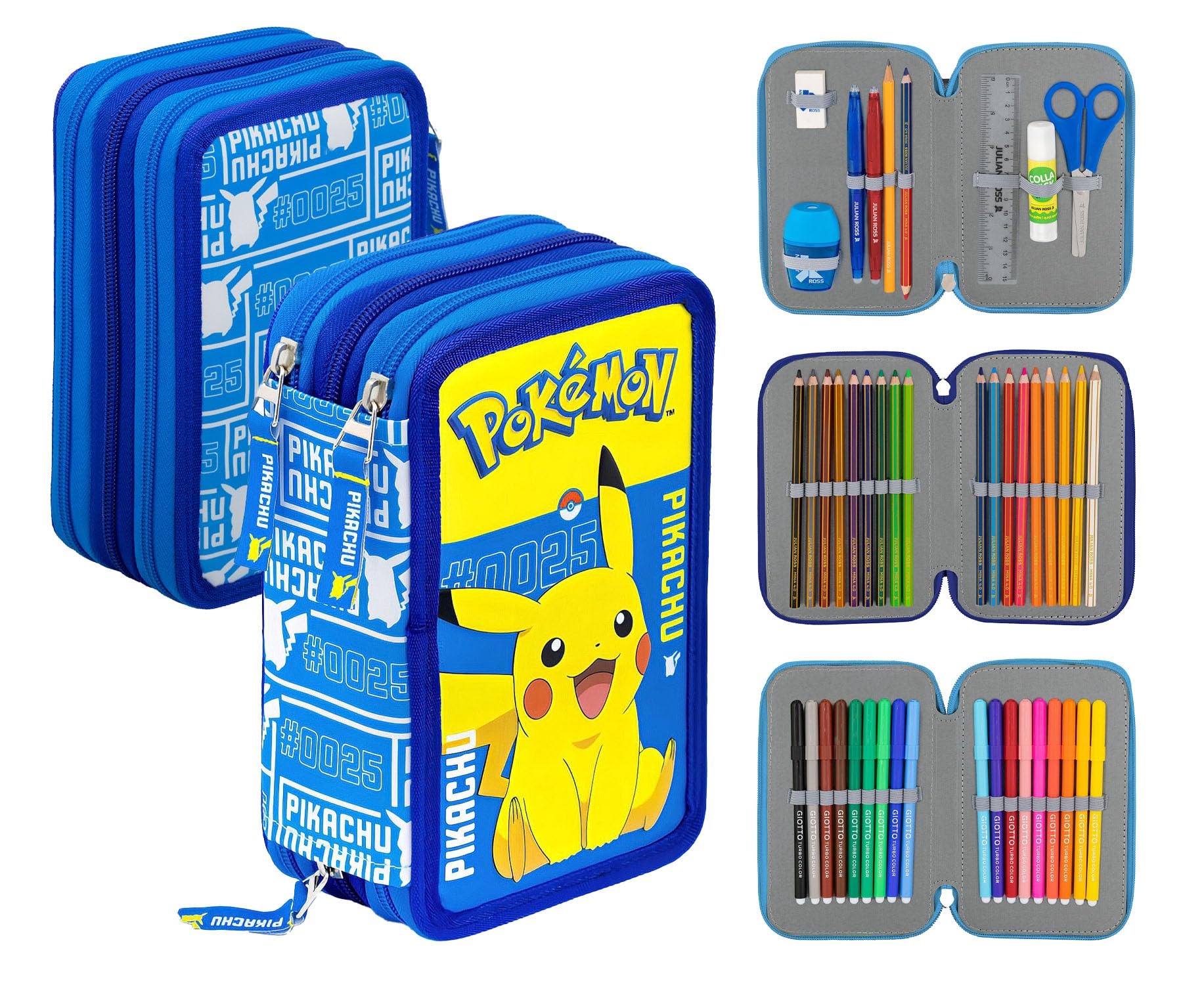 Clondo Astuccio 3 Scomparti 45 Pezzi Per Pokemon Fan Blu e Giallo