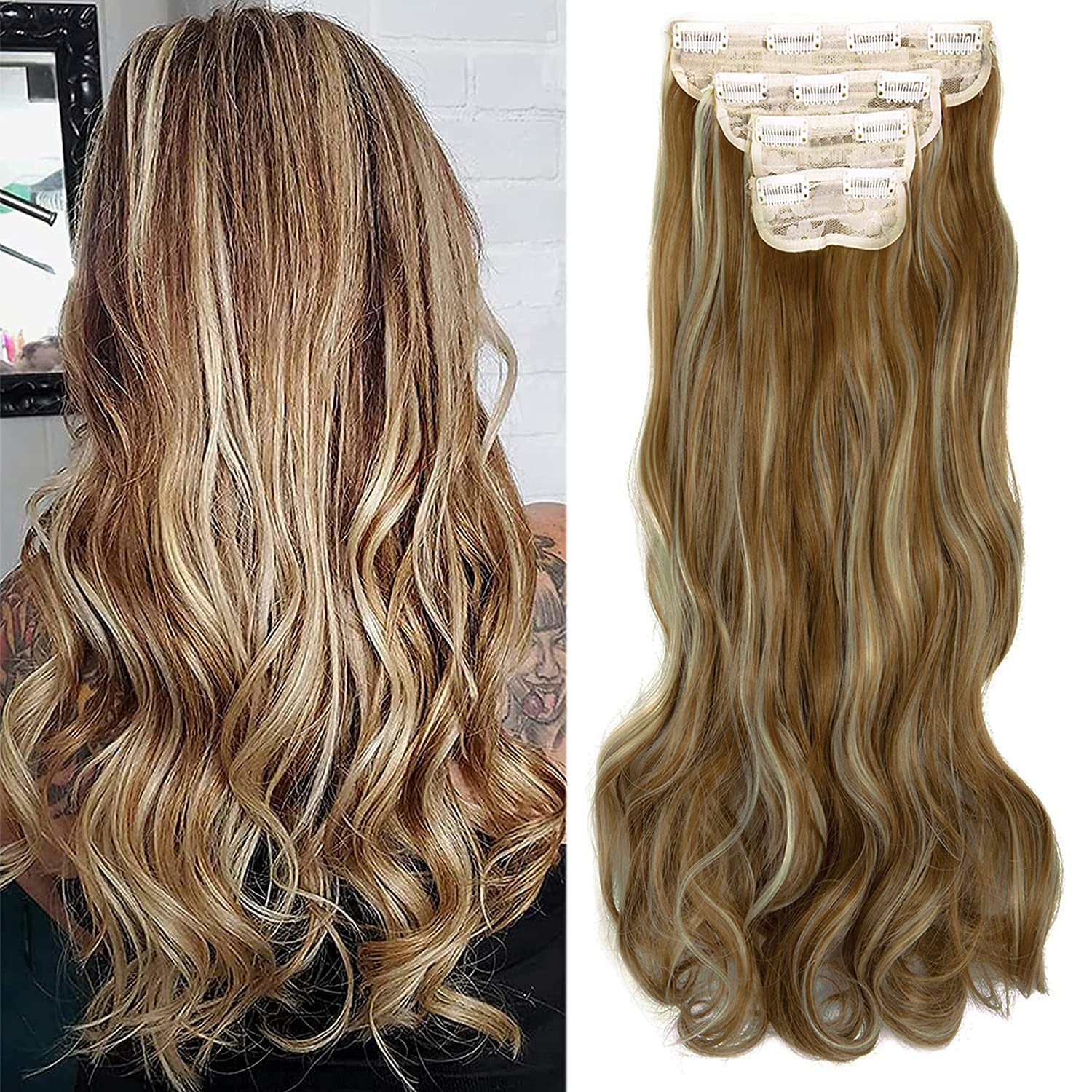 FUT_Forever 4PCS 18" Clip in Hair Extensions Full Head Synthetic Hairpieces Wavy Curly Hair Extension for Women