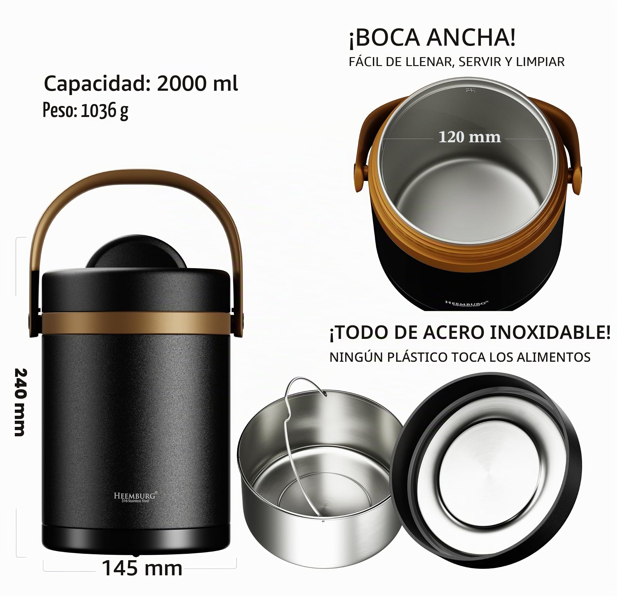 Heemburg Recipiente térmico para alimentos, tarro aislado, lonchera térmica de acero inoxidable para comidas, sopas, frutas, para oficina y uso al aire libre (negro, 2 L)