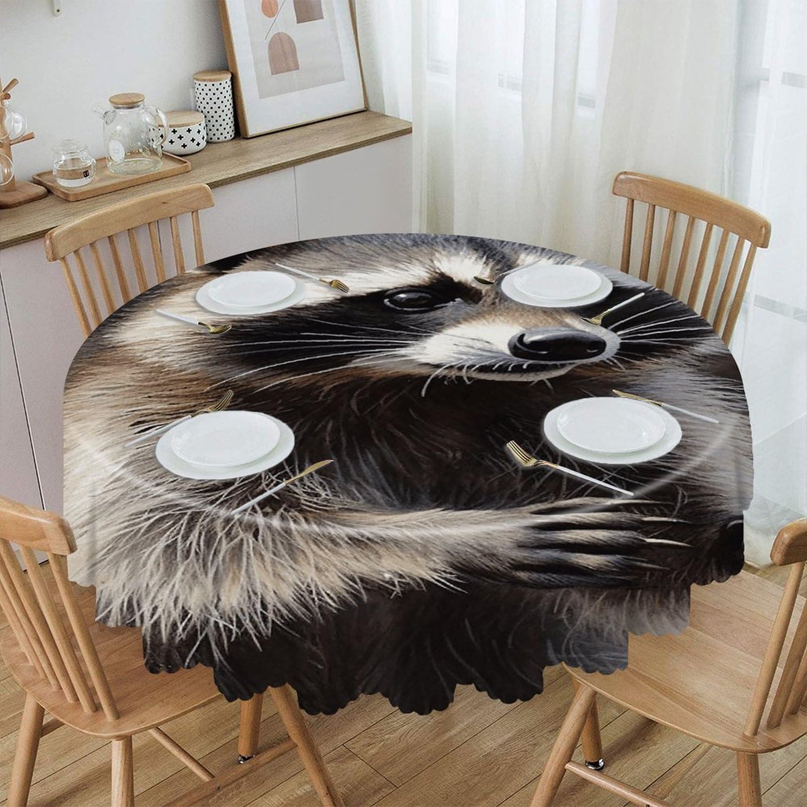 VstaDank Raccoon Round Tablecloth Premium Polyester Table Cloth Heavy Duty Washable Fabric Tablecloth Waterproof Holiday Table Cover Decorative Tablecloths for Dining 60"