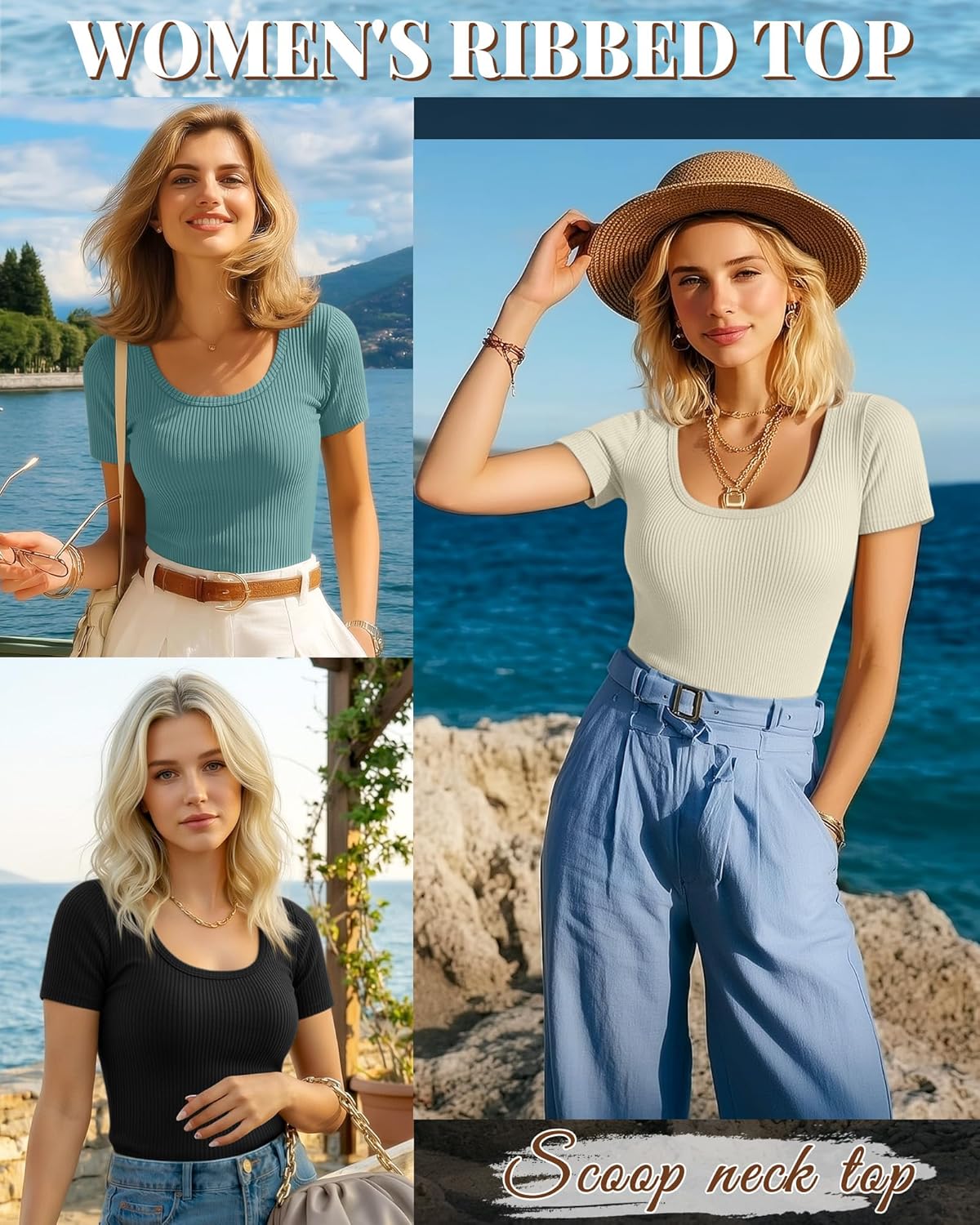 Neer 3 Pack Women's Ribbed Short Sleeve T-Shirts, Scoop Neck Knit Tops Slim Fit Summer Shirts Casual Trendy Basic Tee Blouses(Black, Teal, Cream White,L) - Image 4