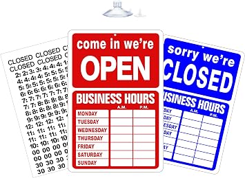 Open Closed Sign Business Hours Notice Storefront for Glass Door Window Hours of Operation 8 inches wide x 13.5 inches tall Durable Plastic Store Shop Salon Office Grocery Signs