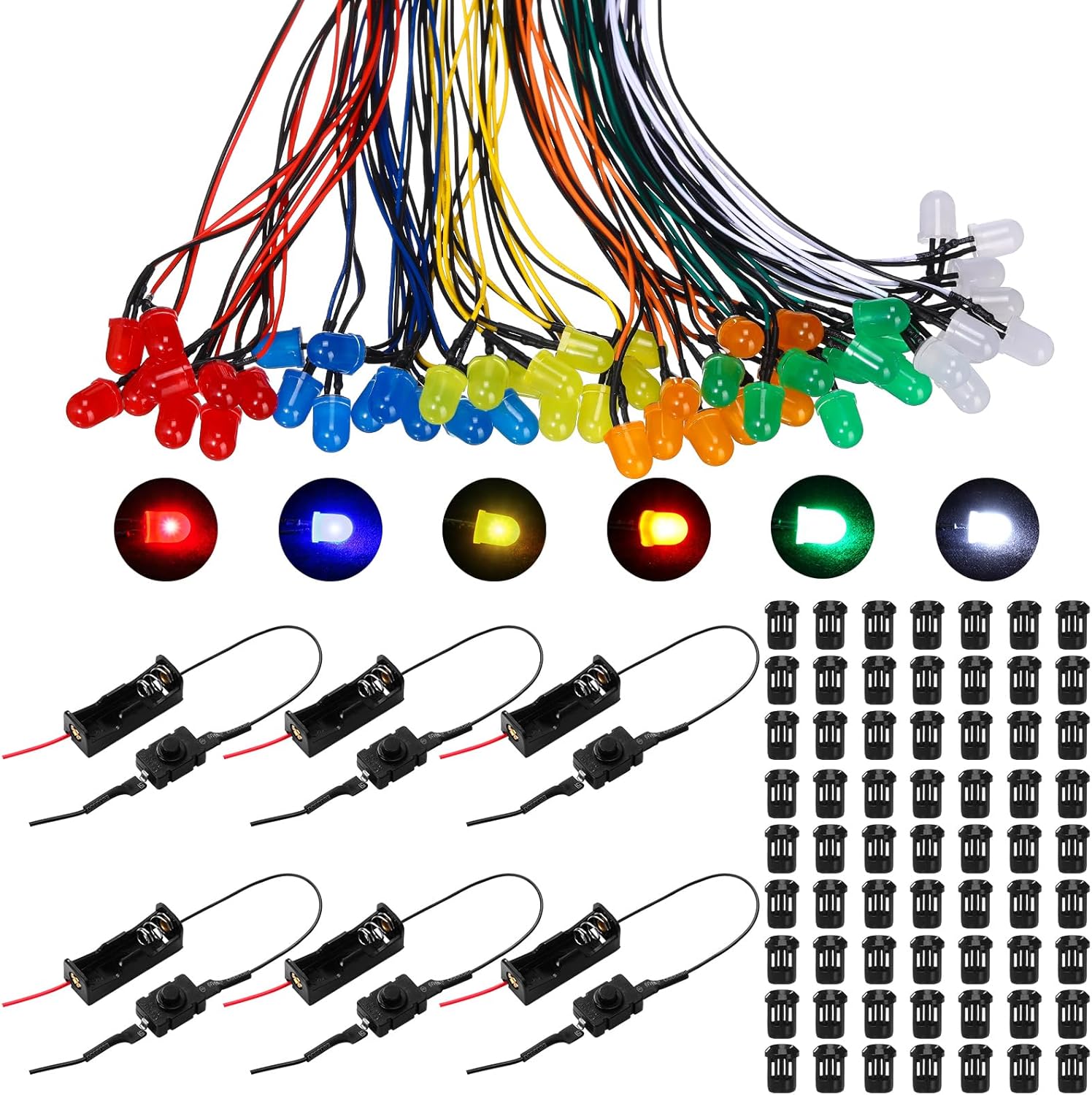 126 pcs 12v led lights kit, 60 pre wired led light emitting diodes 60 plastic lampholder 6 battery holder for model assortment crafts dollhouse (10 mm)