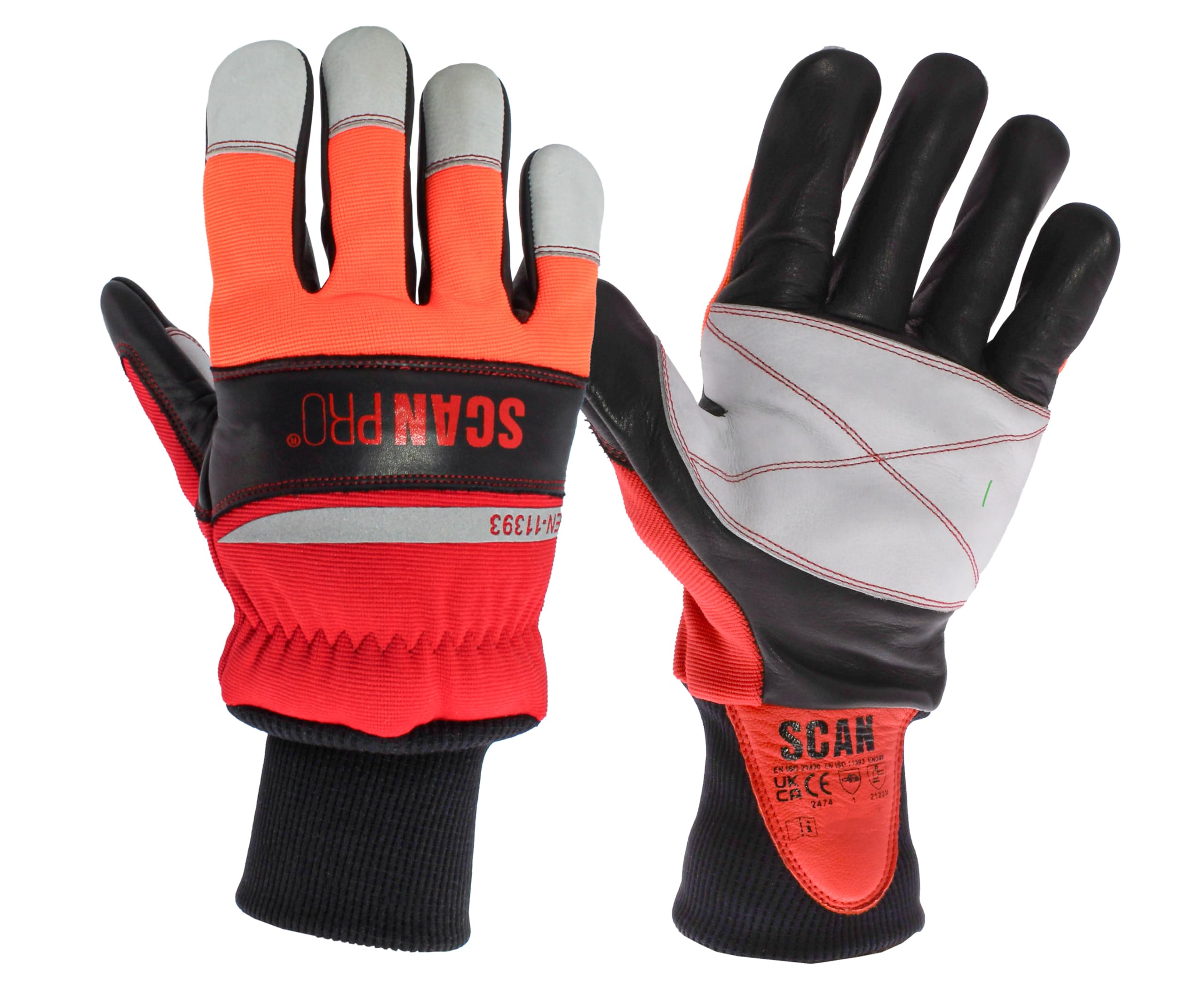 Scan Pro Chainsaw Gloves – Dual Hand Protective Work Gloves with Class 1 Hand Protection, Reinforced Premium Leather Palms & Knuckles, EN388 & EN11393-4 Certified – Size L (9)