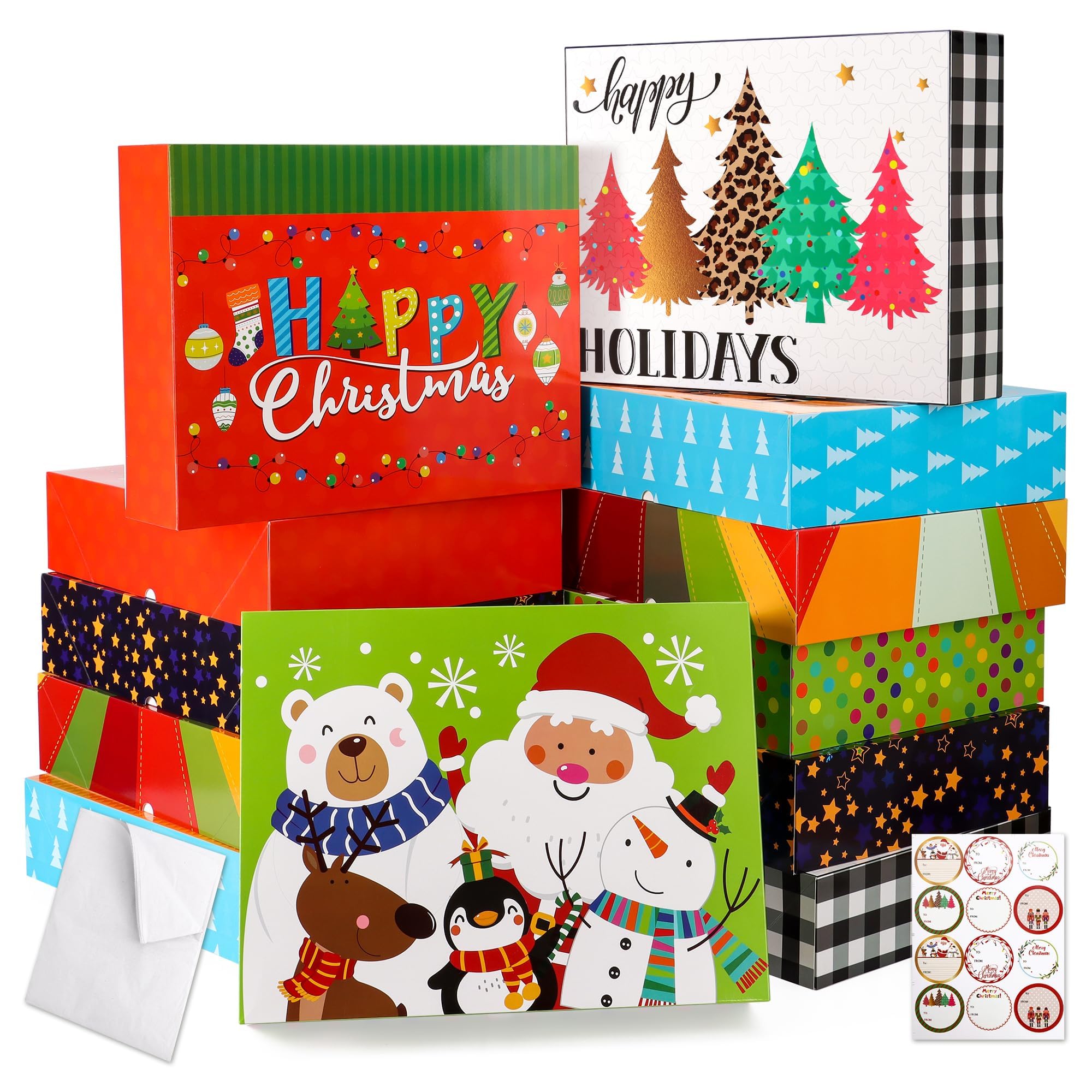 HOIIOH 12 scatole regalo natalizie extra large con coperchio, scatole per accappatoi profonde da 10 cm, con carta velina e adesivi, scatole decorative per vestiti, cappotti e maglioni