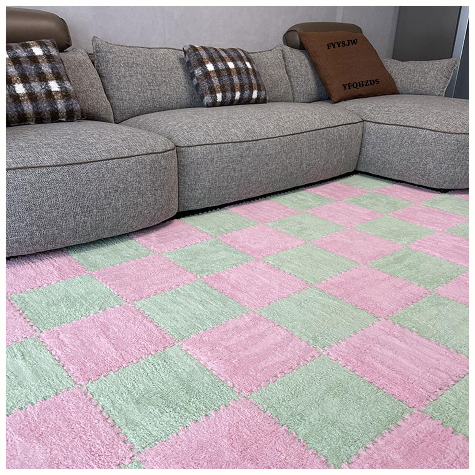Puszyste płytki dywanowe, opakowanie 10 sztuk, piankowe układane w puzzle, wielokolorowe, 30 x cm, 0,4 cala (białe + różowe)(Light Green+pink)