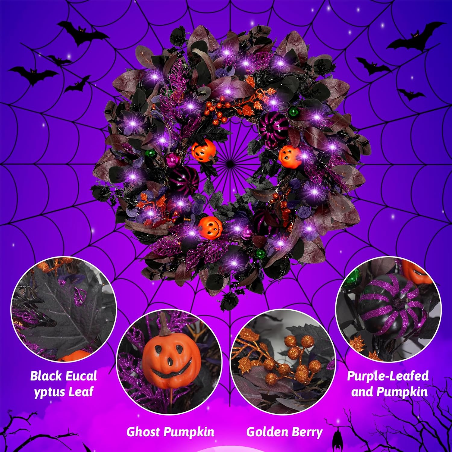 22 Inch Halloween Wreaths for Front Door with Lights, Pre-Lit Pumpkin Wreath, Spooky Ghost Wreath with Purple Glitter, Gold Berries & Ornaments, Halloween Decorations Indoor Outdoor Decor