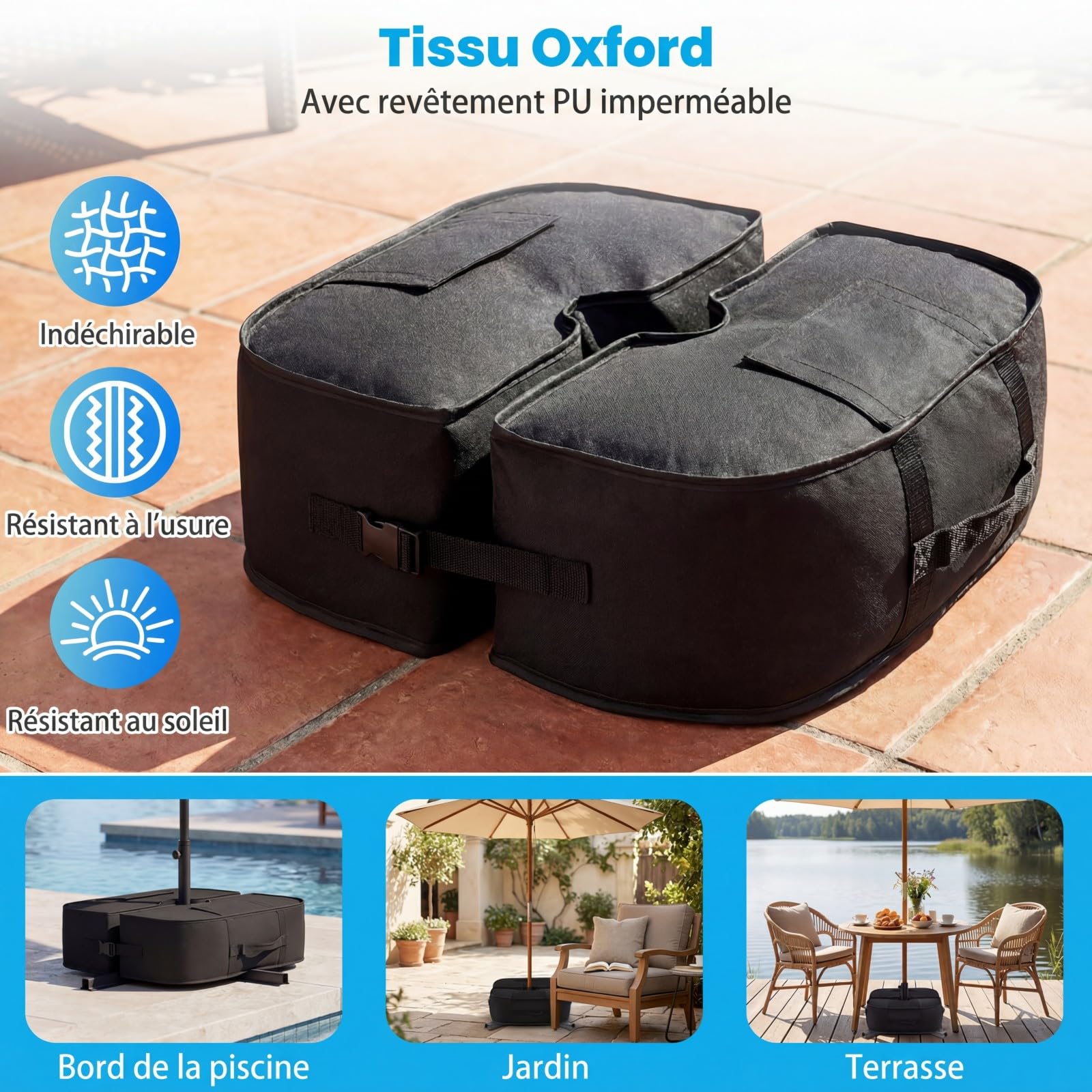 RELAX4LIFE Sac de Lestage pour Pied de Parasol, Poids de Base en Tissu Oxford 40kg, Sac de Sable Robuste avec Poignées, pour Parasol Déporté ou Droit, Jardin, Terrasse, Plage (Ovale,Noir)