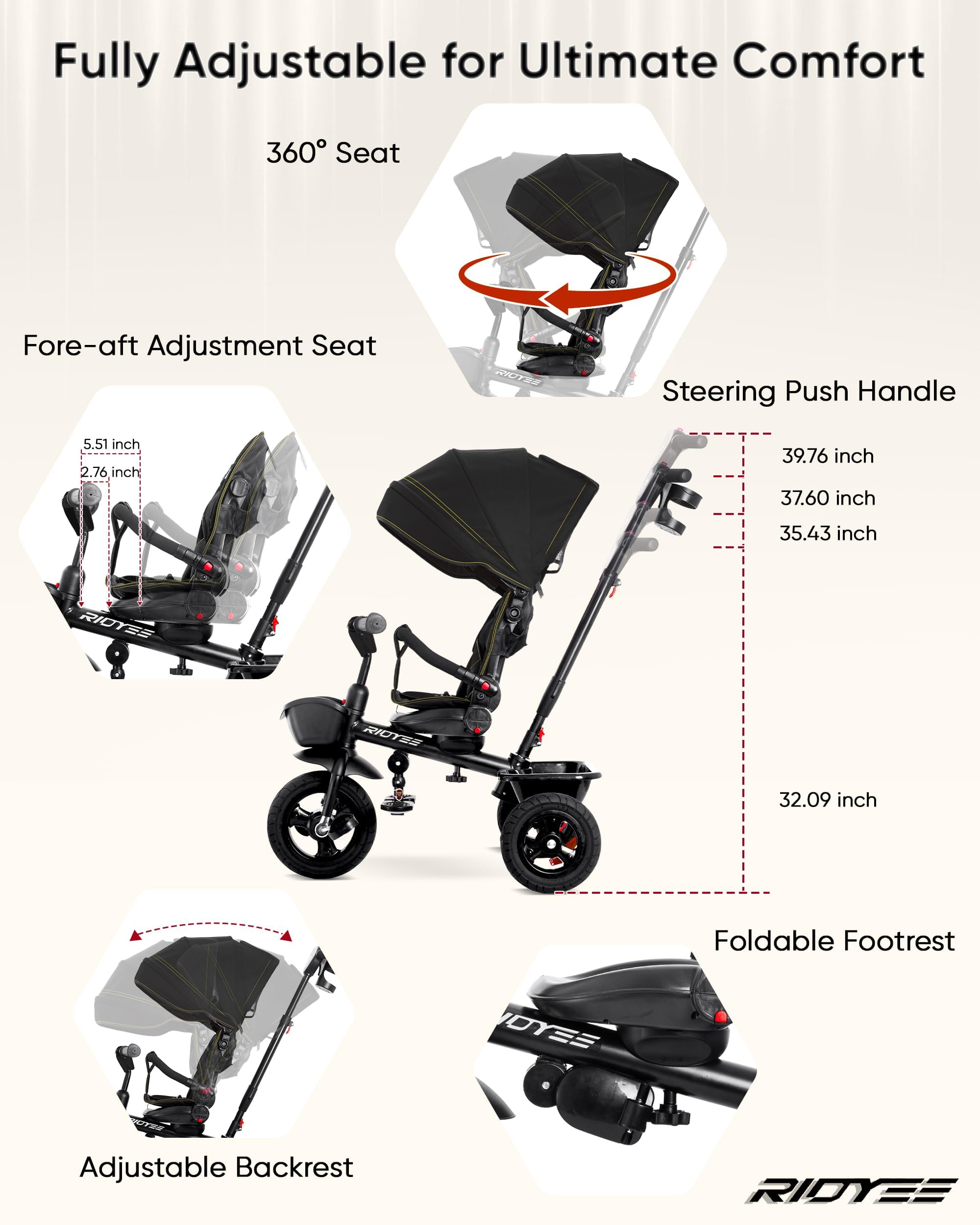 Triciclo 7 en 1 para 18 meses a 5 años, neumáticos de goma todo terreno, frenos de doble rueda, asiento giratorio para niños pequeños de 1.5 a 3 años, triciclo para 3 a 5 años con calcomanías 6