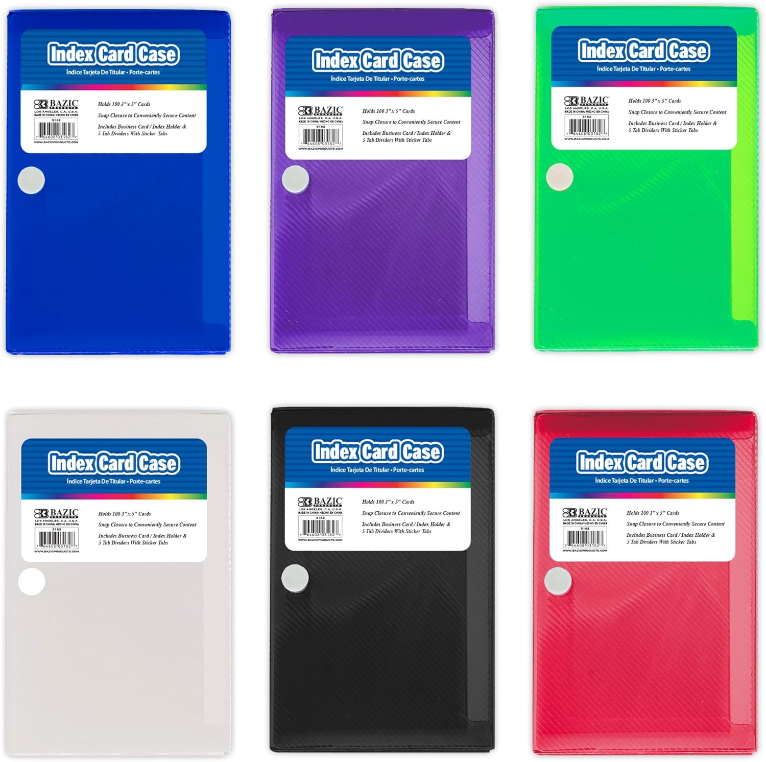 BAZIC PRODUCTS Index Card Case with 5 Tab Dividers – Durable Plastic 3"x5" Flash Card Organizer and Storage Holder, 100-Card Capacity, Ideal for School, Office, and Study Use, 36-Pack