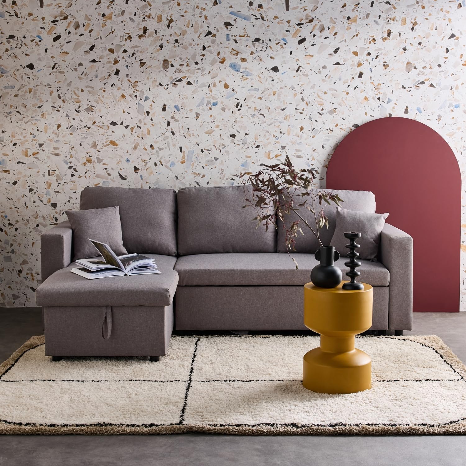 Alice's Garden sweeek - Canapé d'angle Smile Convertible réversible Compact 3 Places en Tissu Gris Clair. L 213.5 x P 136.5 x H 83cm. avec Coffre de Rangement