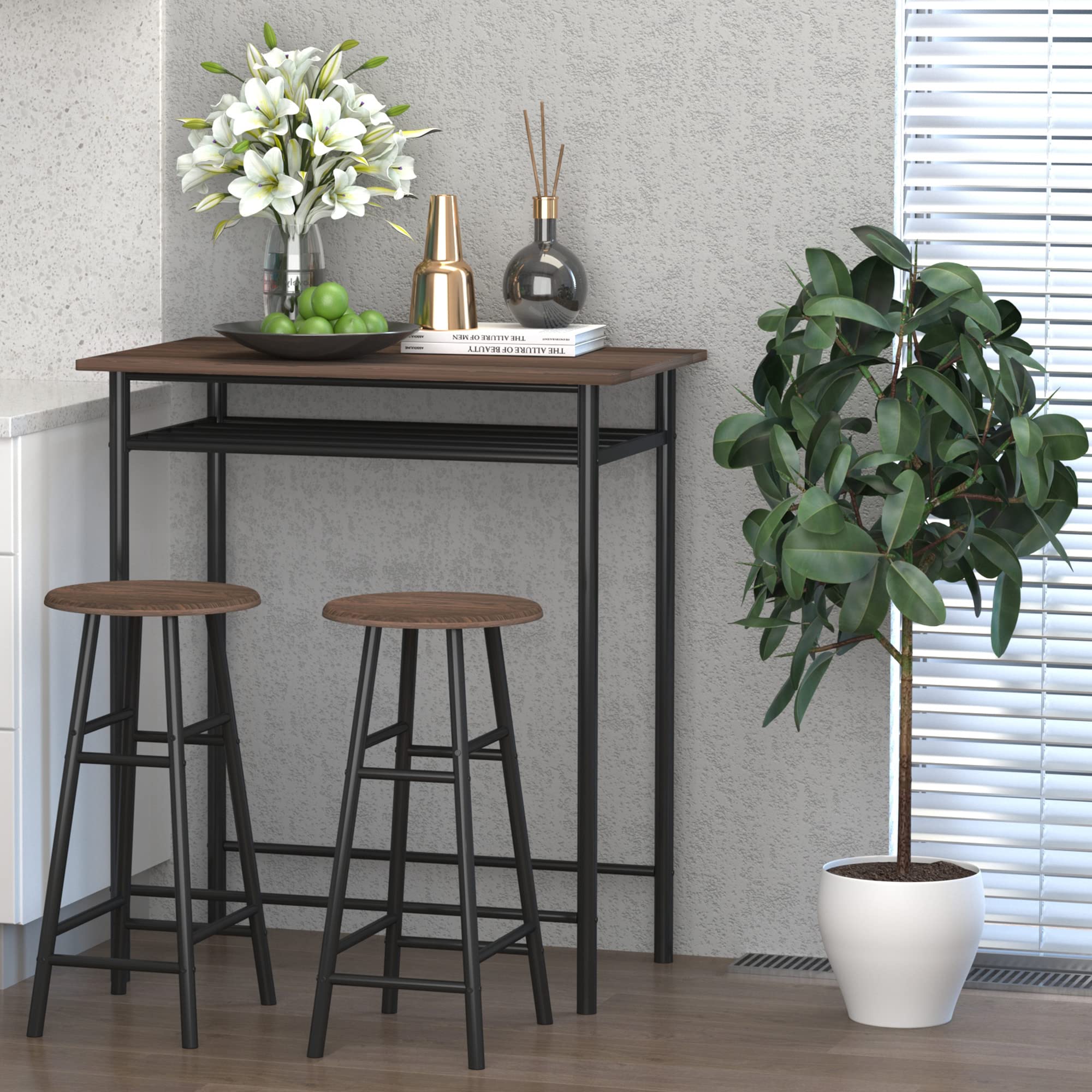 HOMCOM Ensemble Table de Bar avec tabourets, Table à Manger Debout avec 2 chaises, étagère et Pieds en métal, Style Industriel, Table Haute Bar et 2 tabourets pour Salle à Manger, Cuisine, Noir