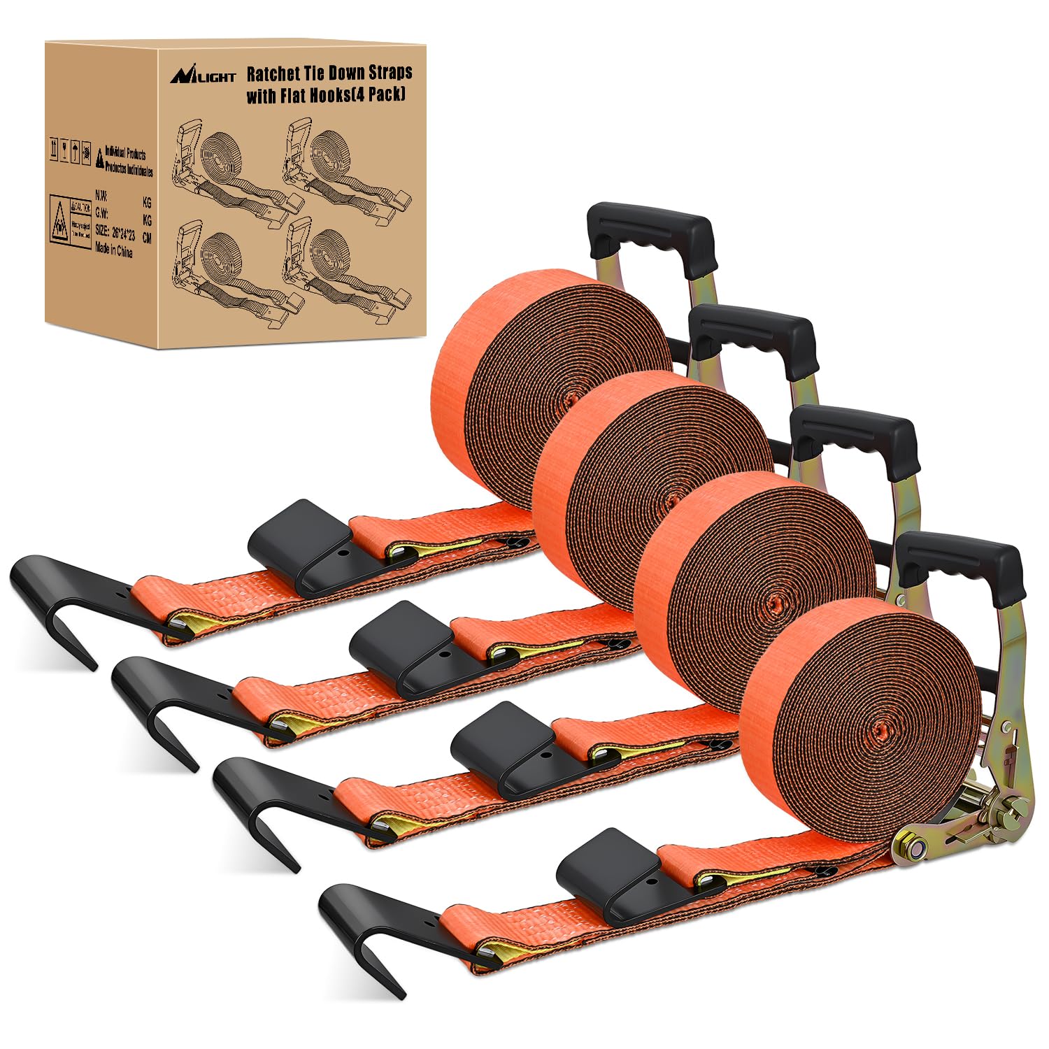 Nilight Flat Hook Ratchet Straps 4 Pack 2 in x 30 Ft