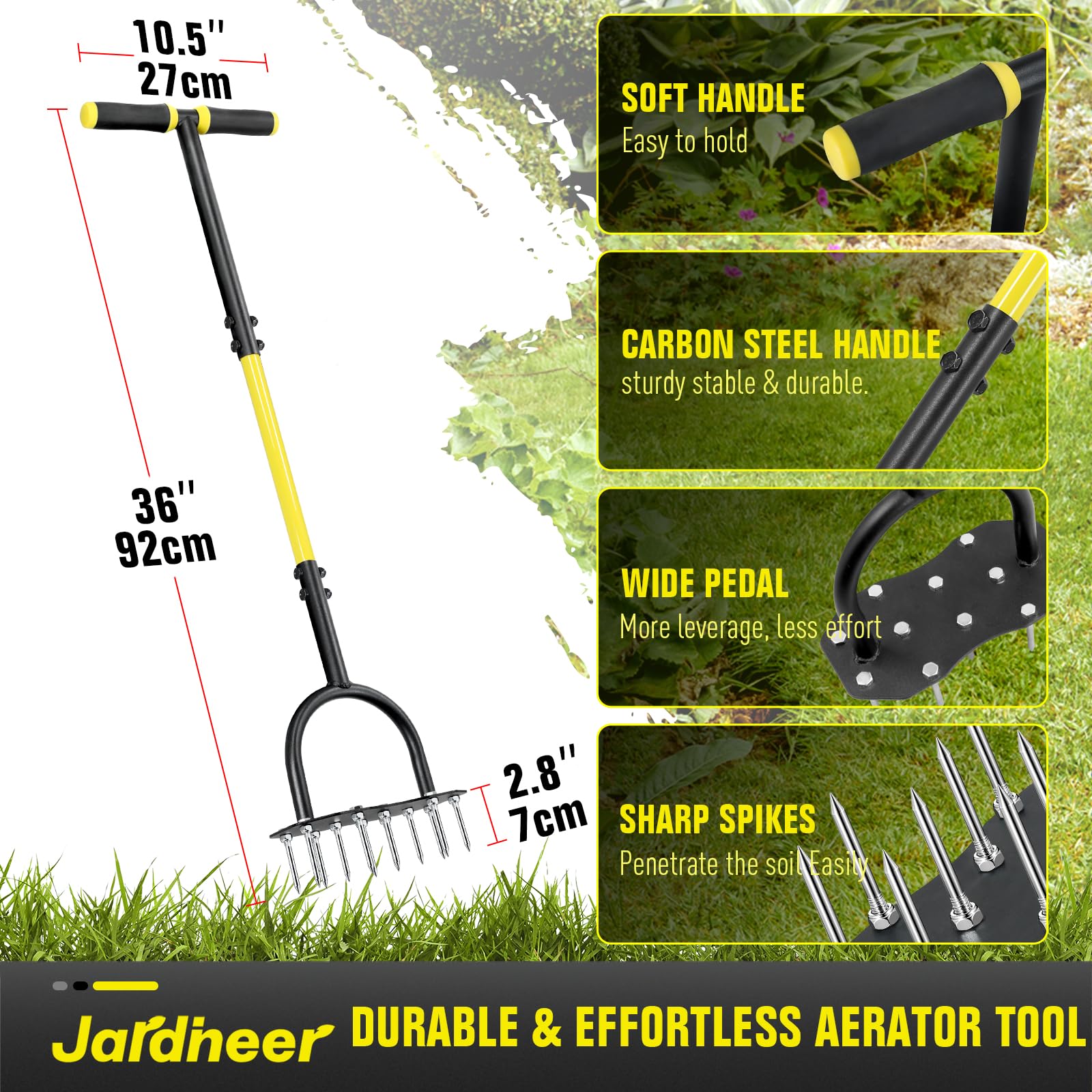 Jardineer Aeratore per prato, aeratore manuale con 12 punte in acciaio ispessite, aeratore pre-assemblato per allentamento del terreno e aerazione del cortile in prato, cortile e giardino
