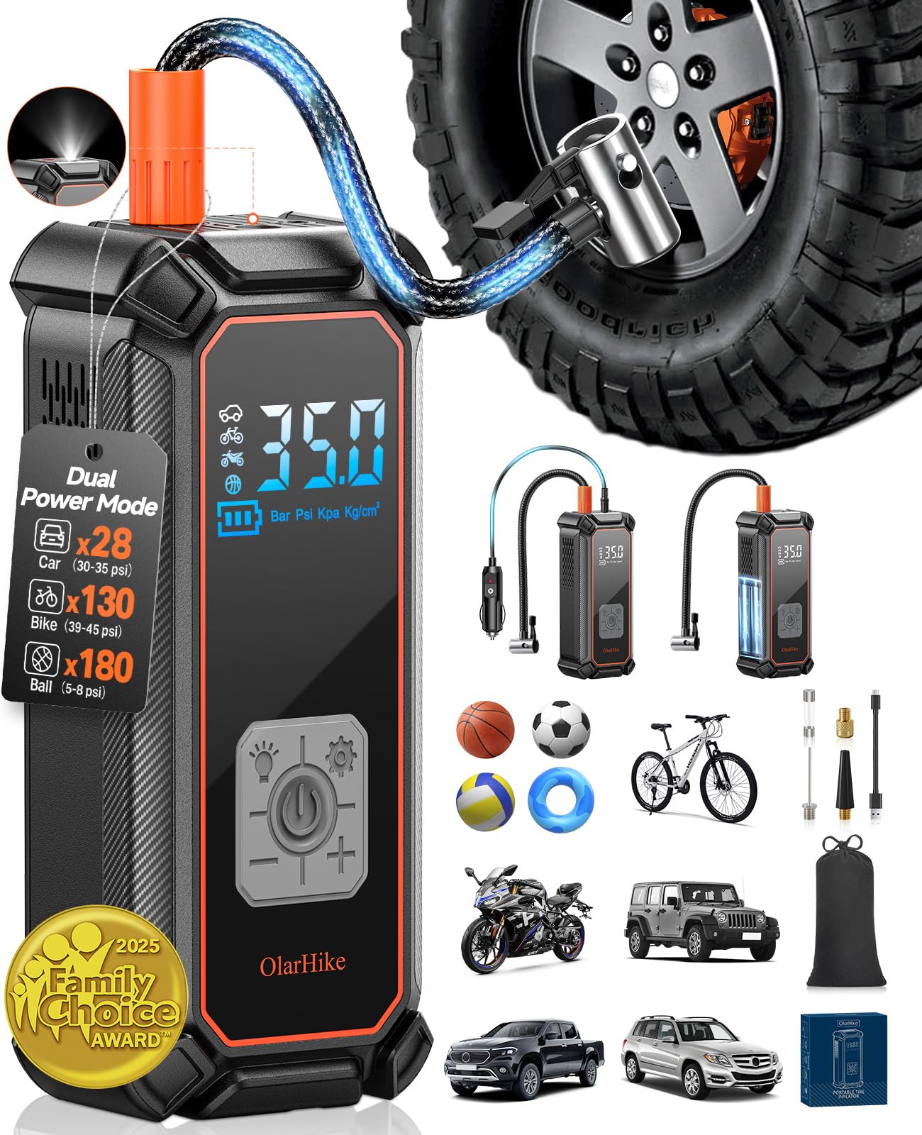 OlarHike Tire Inflator Portable Air Compressor, 9000mAh Battery Powered, 150PSI Dual Mode, Auto Air Pump for Car Tires, Motorcycle, Bicycle, Electric Pump with LED Light & Digital Pressure Gauge