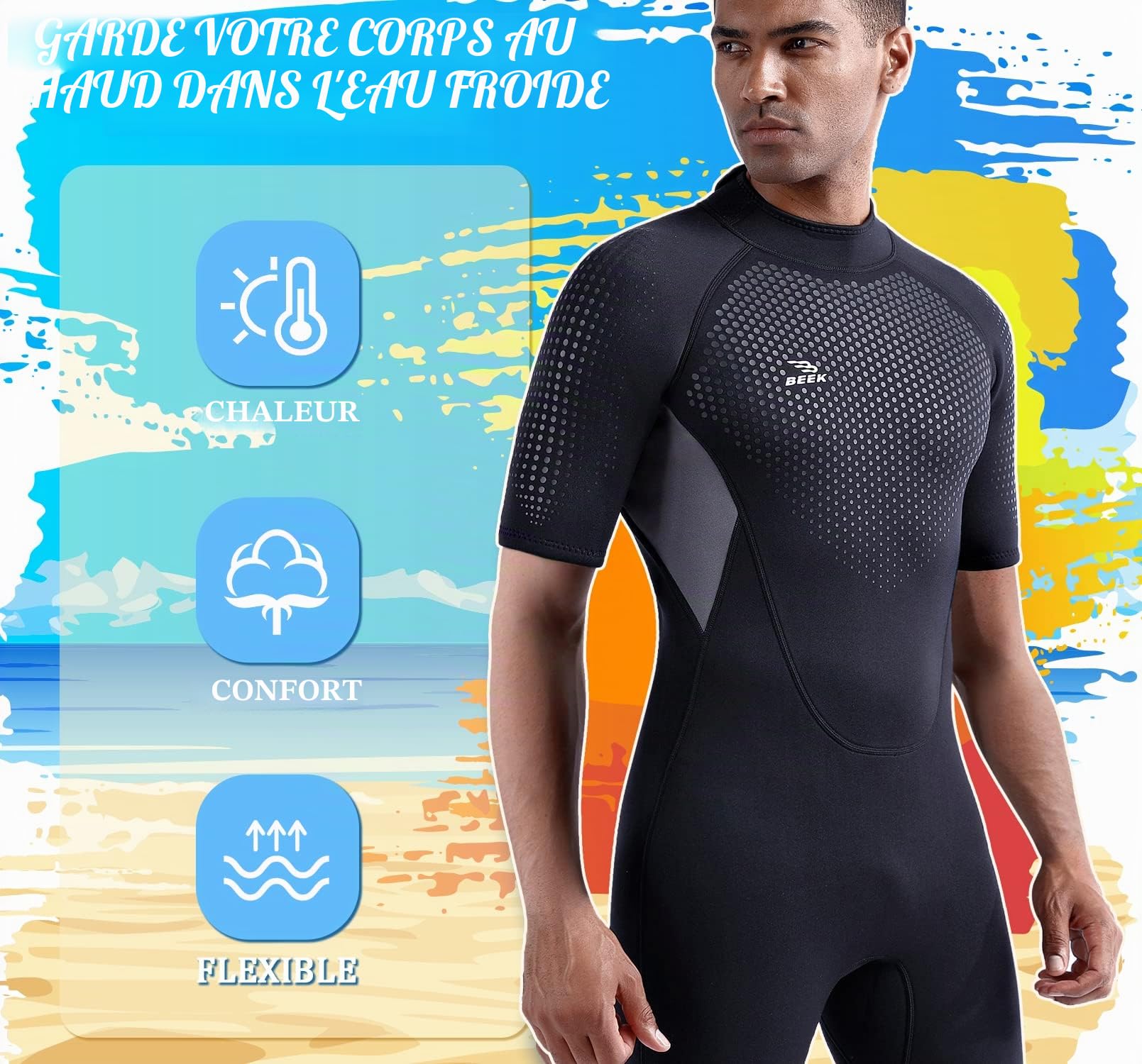 Combinaison en néoprène courte de 3 mm pour homme avec fermeture éclair dans le dos pour la plongée, la plongée avec tuba, le surf, le kayak, la combinaison en néoprène à manches courtes pour les