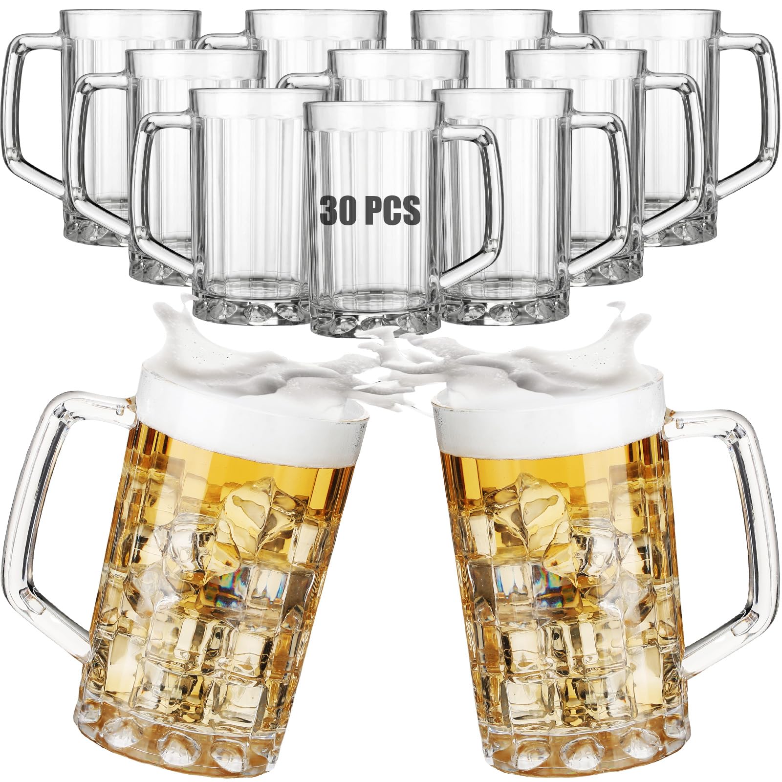 Mifoci 10 Pcs 20 oz Plastic Beer Mugs with Handles Large Clear Beer Drinking Cups Plastic Beer Stein Glasses for Bar Home Hotel Cocktail Beverages Milk Juice Alcohol Soda(16 oz, 30 Pcs)
