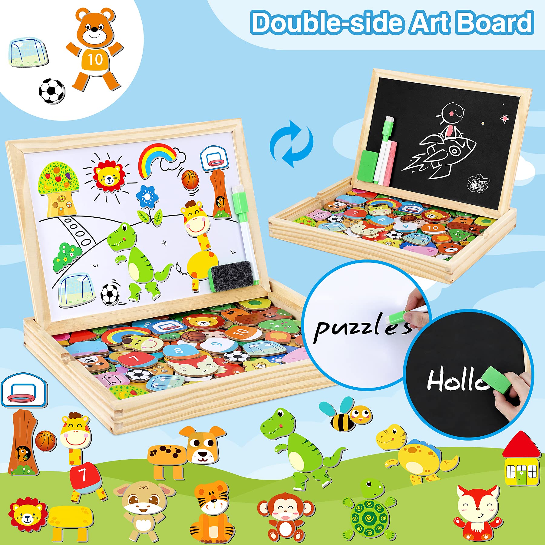 Jojoin 110 PCS Puzzle Magnetico Legno - Lavagna Magnetica Animali Giocattolo per Bambini - Giochi Montessori Educativi Lavagnetta Magnetica - Giochi Puzzle Regalo Bambini 2 3 Anni