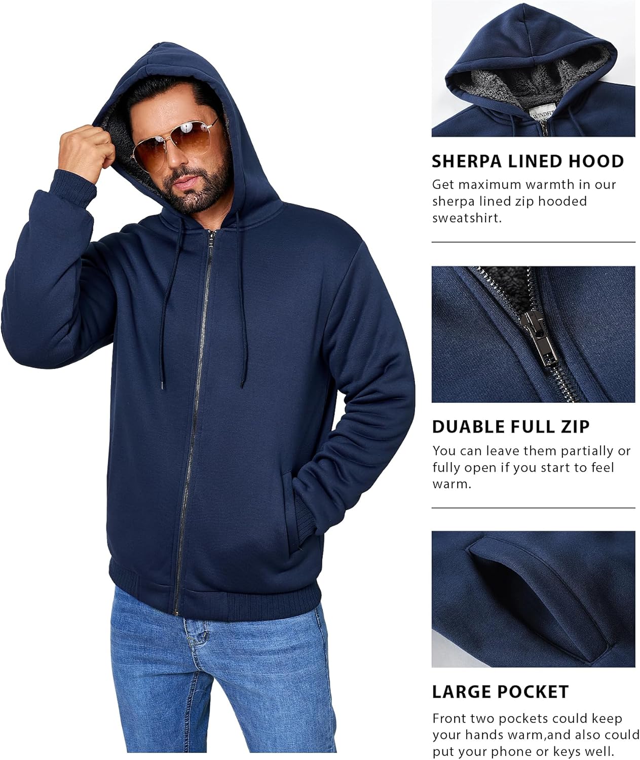 Men's Sherpa Jacket Heavyweight Zip Up Hoodie Fleece Hooded Sweatshirt with Pocket - Image 5