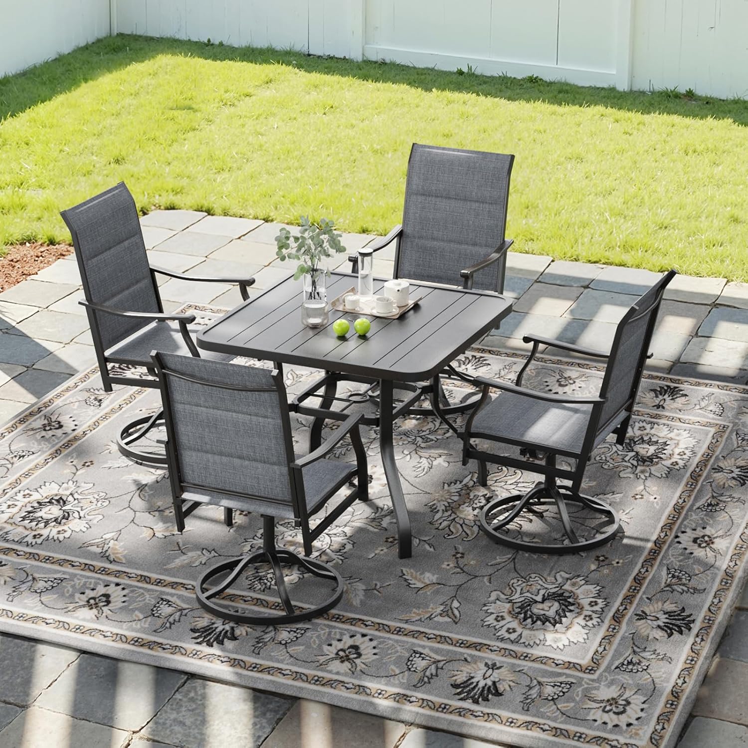 Soohow Patio Dining Set for 4, 5-Piece Outdoor Table and Chairs Set, 4 x Swivel Outdoor Dining Chairs with Paded Textilene and 35"x35" Patio Table with 1.57" Umbrella Hole for Poolside, Backyard
