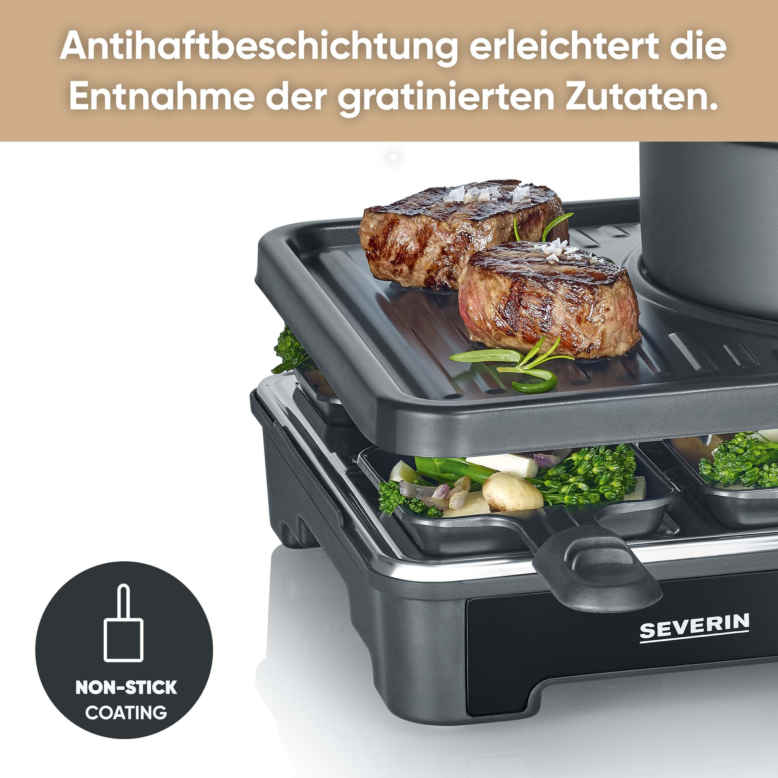 SEVERIN Raclette-Fondue-Kombination für 8 Personen, 2-in-1 Raclette Grill mit Grillplatte & Fondue-Set, Antihaftbeschichtung, inkl. 8 Pfännchen, Schabern & Fondue-Gabeln, spülmaschinengeeignet, RG2347