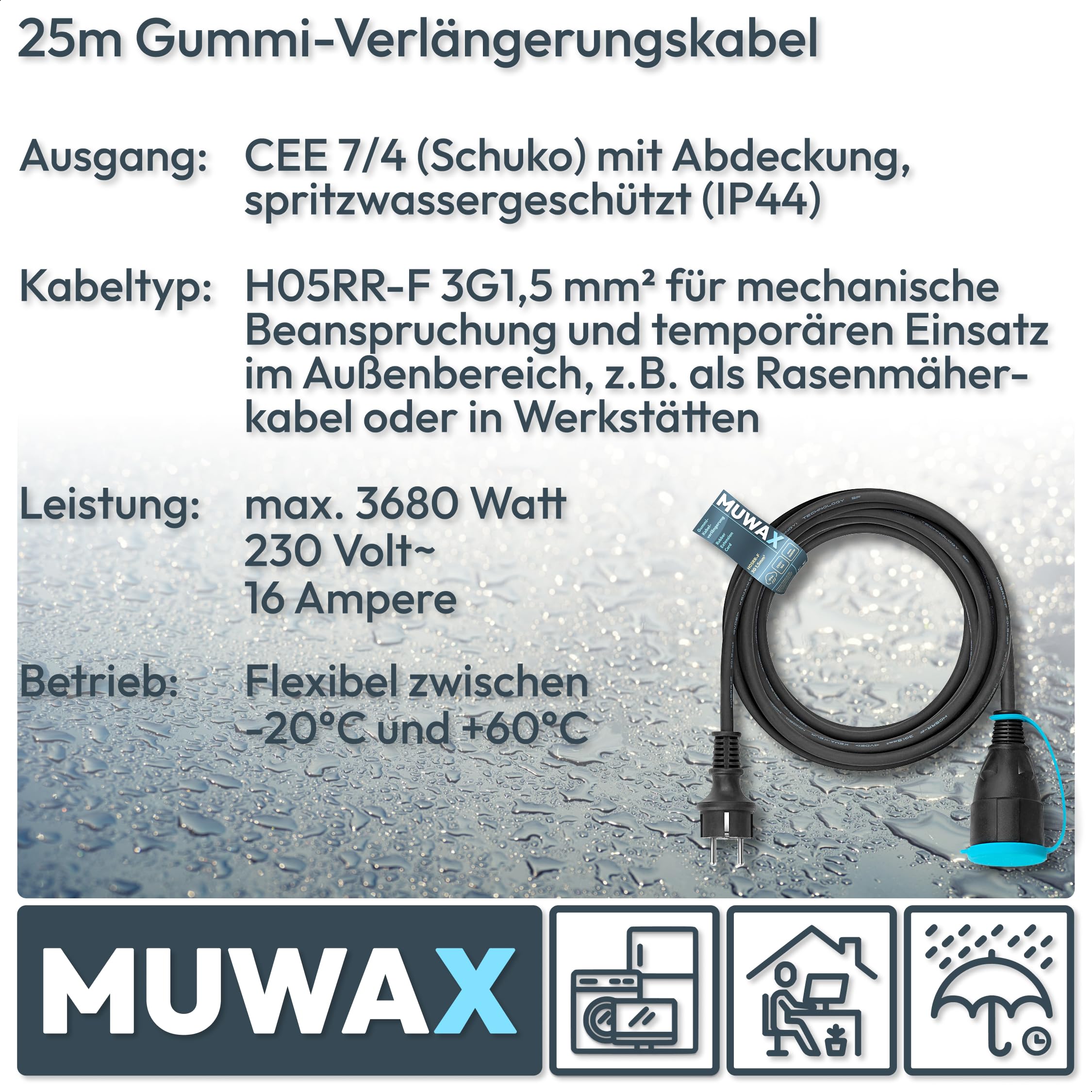 Cavo di prolunga in gomma H05RR-F 3G1,5 mm², 25 m | Per esterni, tosaerba, giardino e officina, IP44, nero