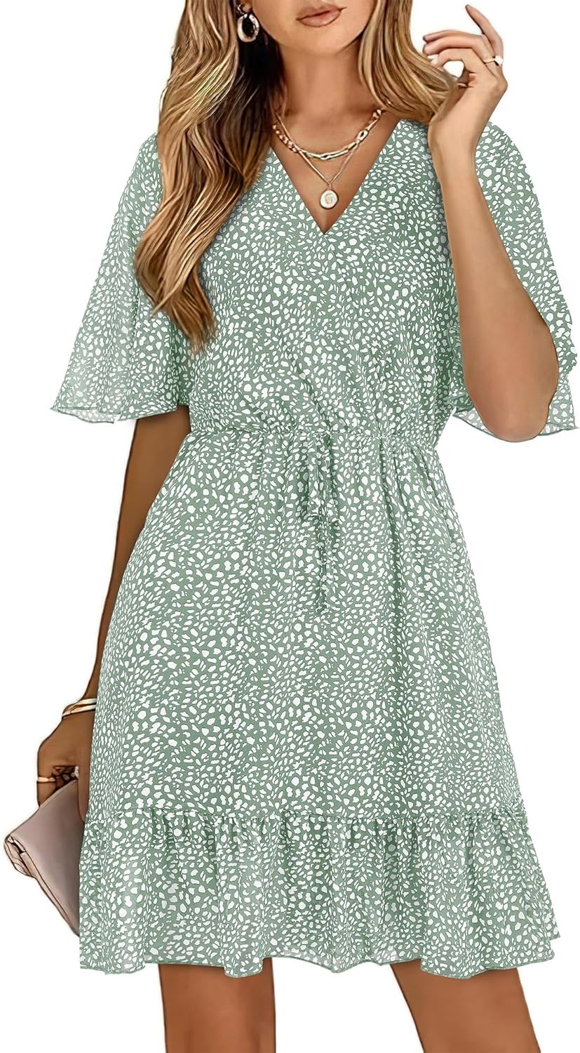 KIRUNDO Women’s Summer Dresses 2025 Casual Short Sleeve V Neck Ruffle Floral Print High Waist Flowy Mini Dress with Belt