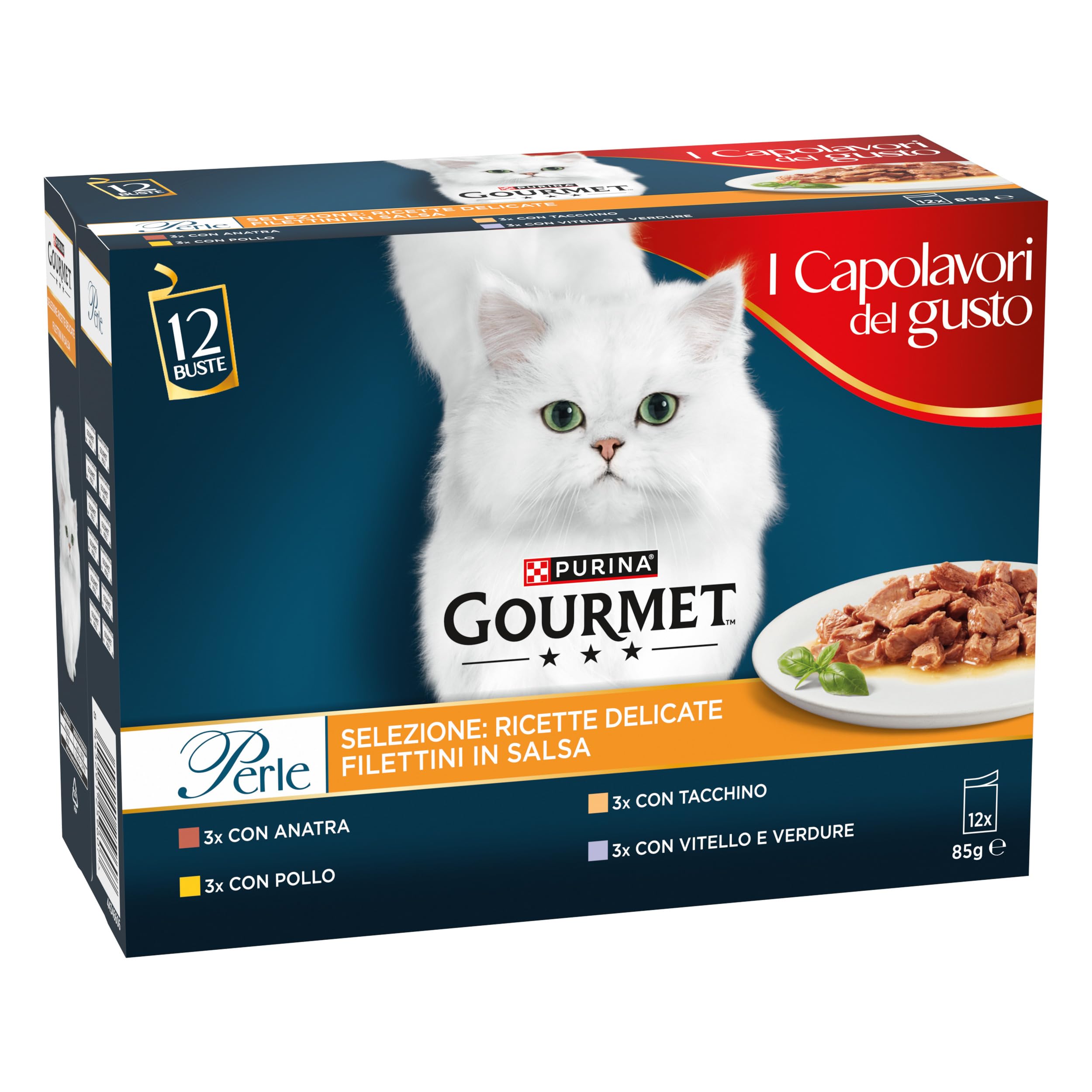 Gourmet Perlas húmedas para Gatos en Salsa con Pollo, Pato, Pavos, Ternera con Verduras, 72 Bolsas de 85 g Cada una (6 Paquetes de 12 x 85 g)