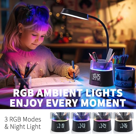 Led Desk Lamp with Pen Holder, Touch Lamps for Nightstand Eye-Caring Bedside Reading Light with Clock, Office Lamps Stepless Dimming, Lamp for Dorm Room, Suitable for Kid/Girl/Boy (Black)