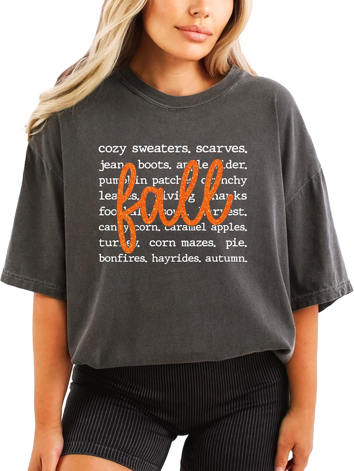 Fall Words Shirt for Women and Teens Cozy Autumn Things Oversized Tee