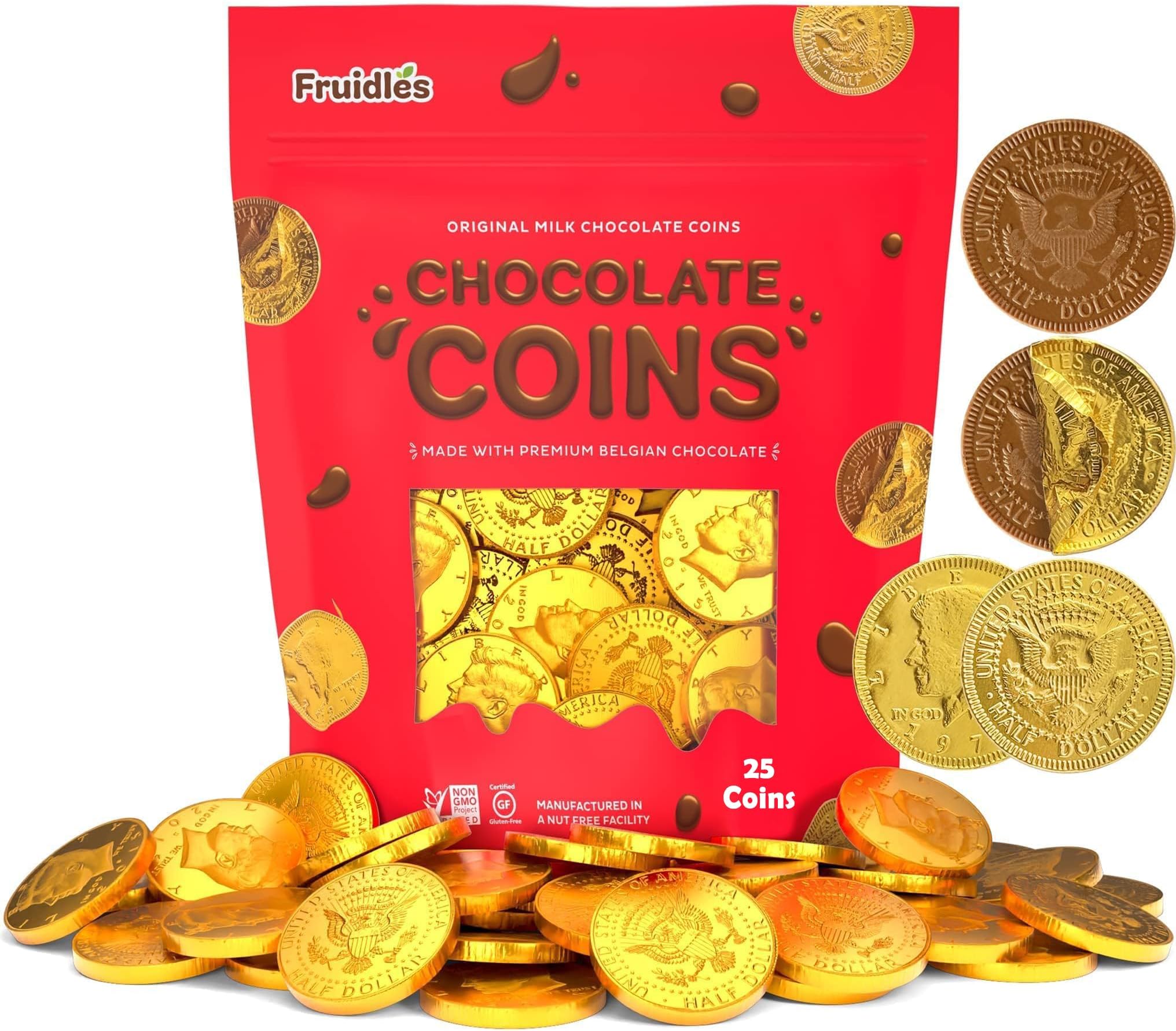 Fruidles Milk Chocolate Coins, Gold Half Dollar Chocolate Coins, Made with Premium Belgian Chocolate, Nut Free, Non-GMO, Kosher Dairy (25-Pack)