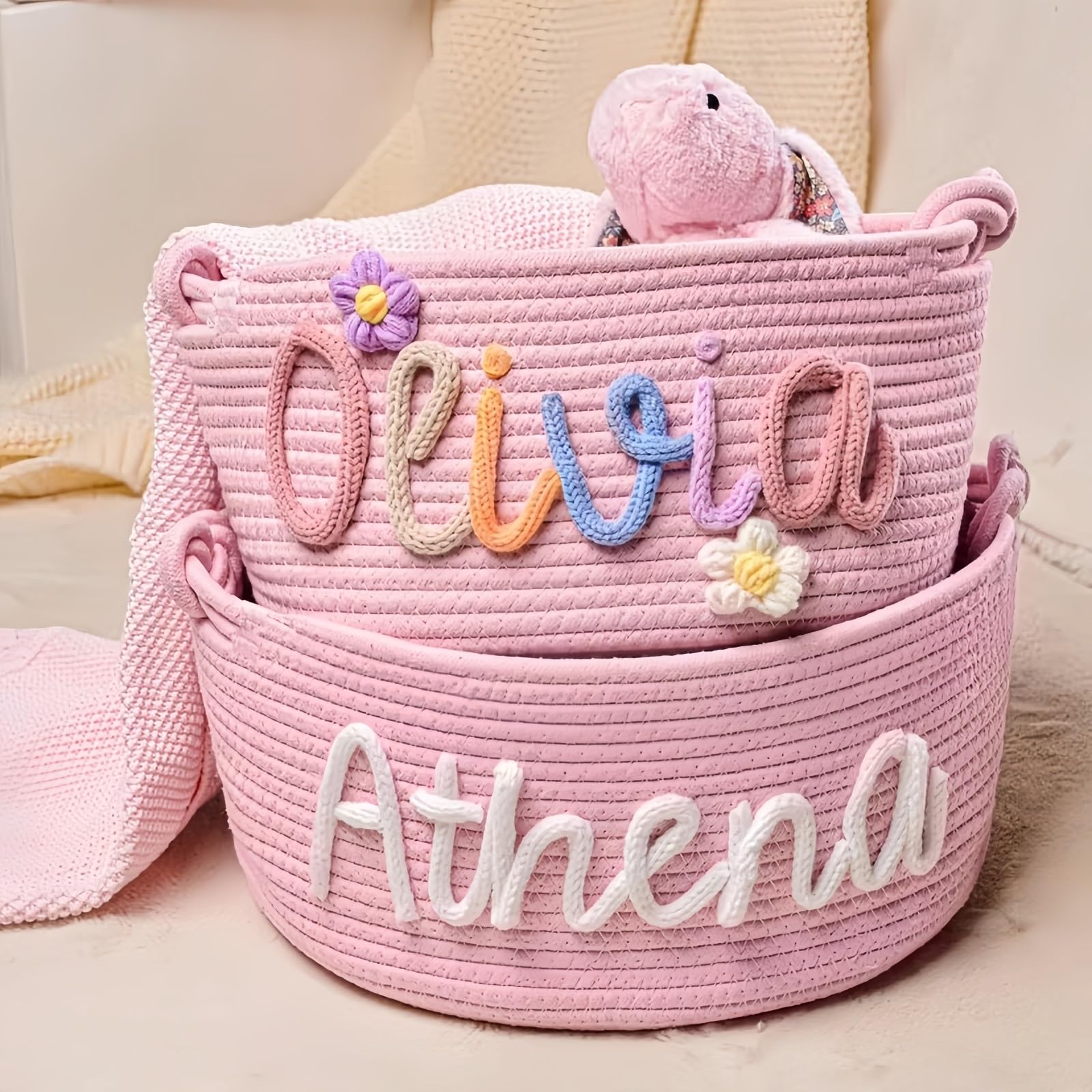 Customed Baby Shower Basket, Personzlised Cotton Rope Basket With Name, Toys/Diapers Storage Organizer, Nursery Decor, Newborn Gift(﻿ S: 19X12X27cm)
