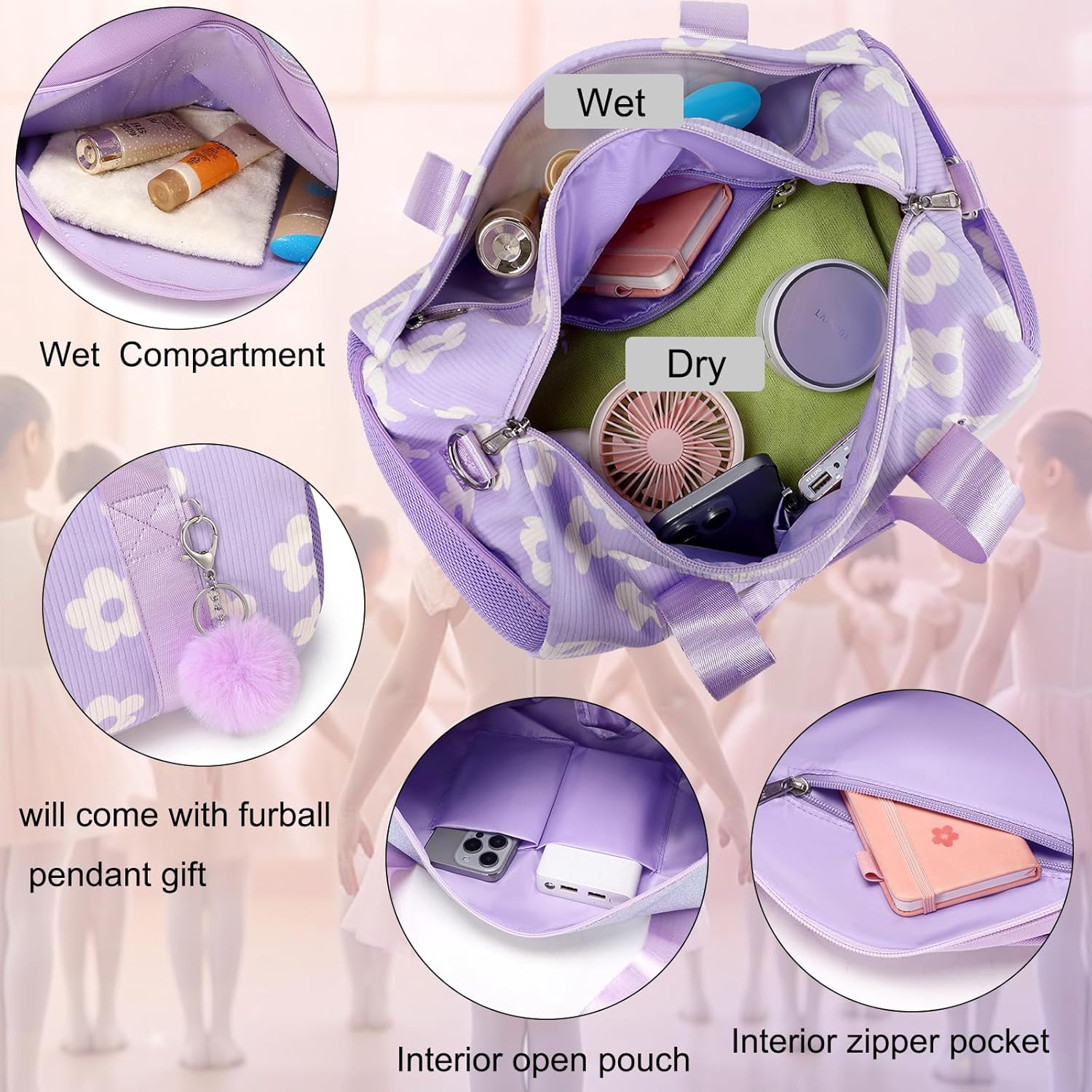 Dance Ballet Bag for Girls Purple Corduroy Dance Bag for Girls 4-6 Toddler Small Duffle Ballerina Bags with Waterproof Dry Wet Separated Compartment