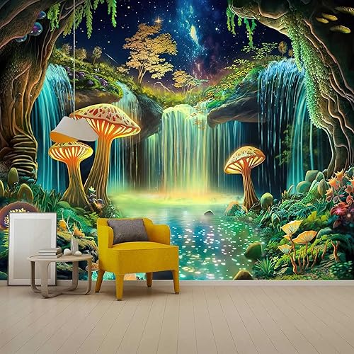 FENDROM Tapiz de hongos del país de las maravillas de fantasía, cascada de la selva, tapices estéticos para colgar en la pared para decoración
