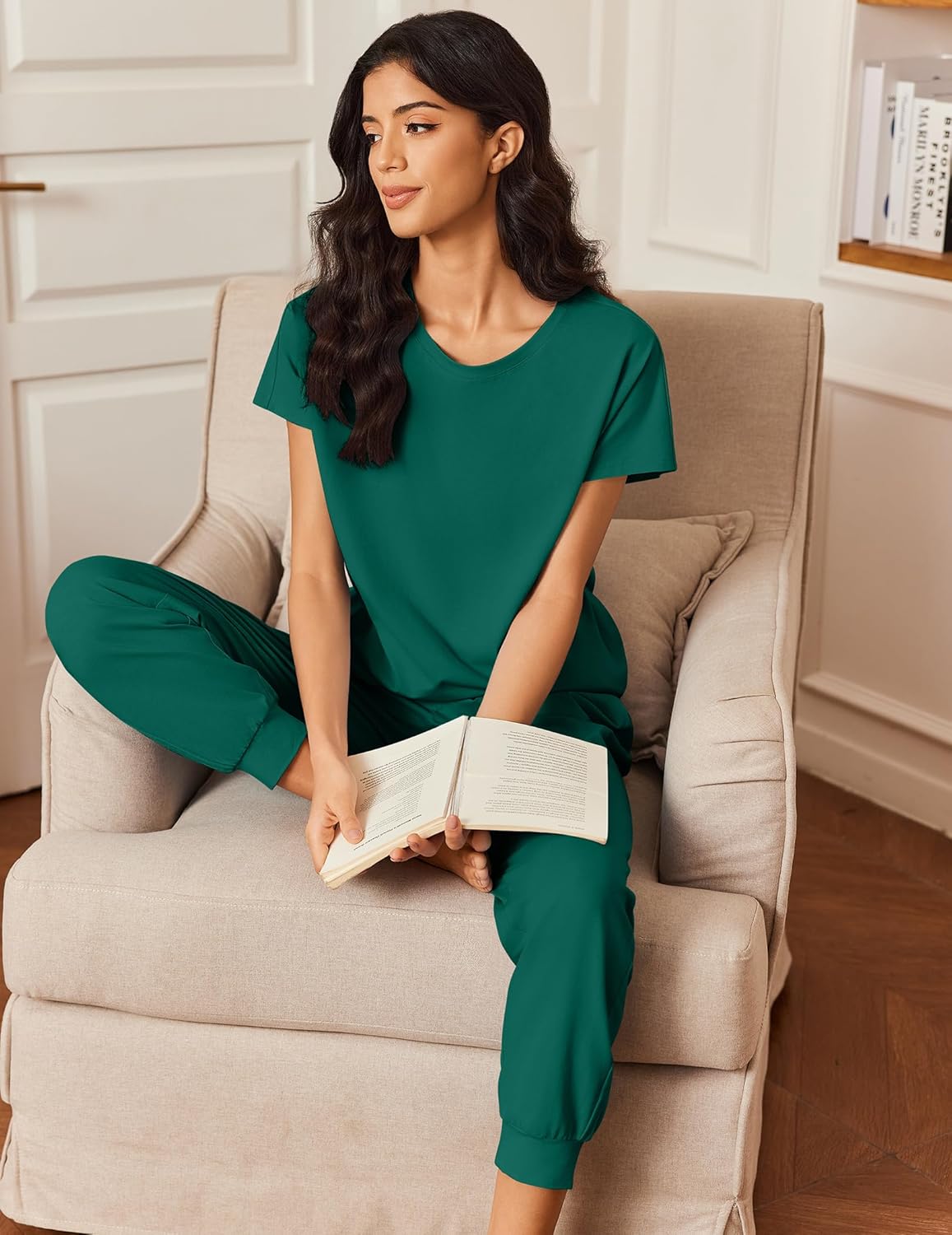 Ekouaer Womens Pajama Sets 100% Cotton Pajamas Short Sleeve Pj Top With Jogger Pants 2 Piece Lounge Set with Pocket - Image 5