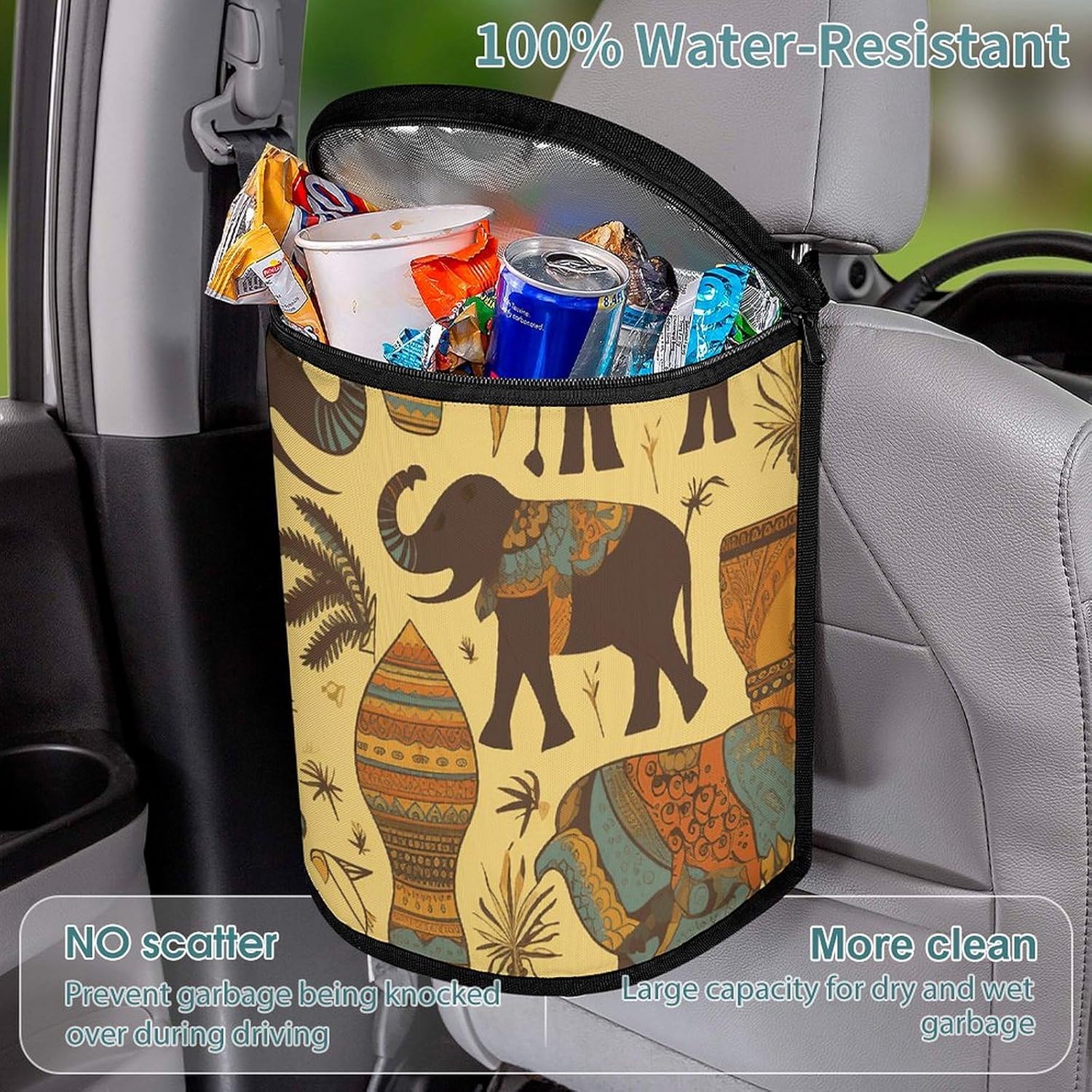 Car Garbage Storage Bag Africa Elephant Printed Hanging Vehicle Trash Bin Car Trash Can with Zipper Lid Portable Garbage Storage Bags for Truck Van and SUV