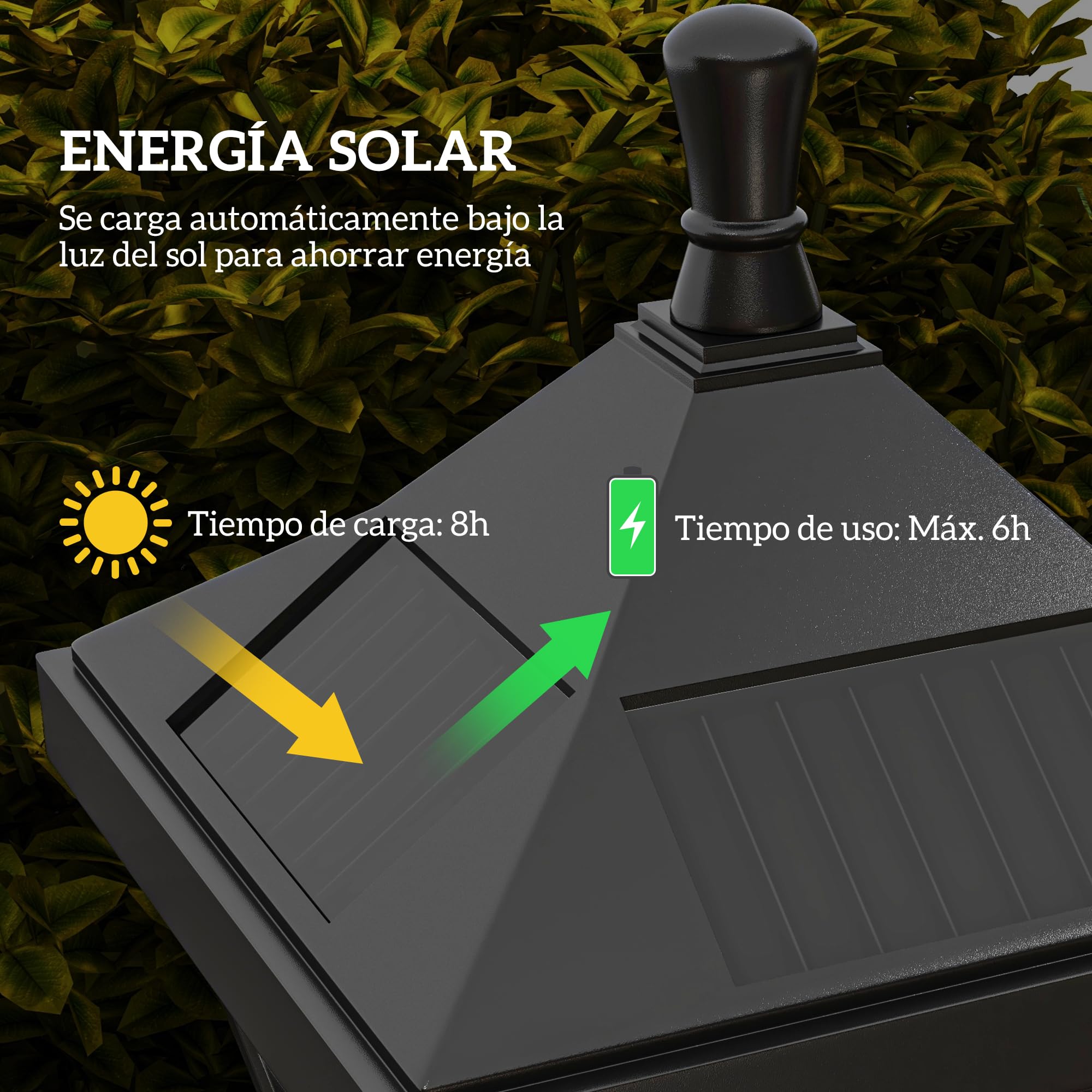 Outsunny Farola Solar Luz Solar de Exterior con Panel Solar Encendido y Apagado Automático IP44 para Terraza Patio 15x15x127 cm Negro