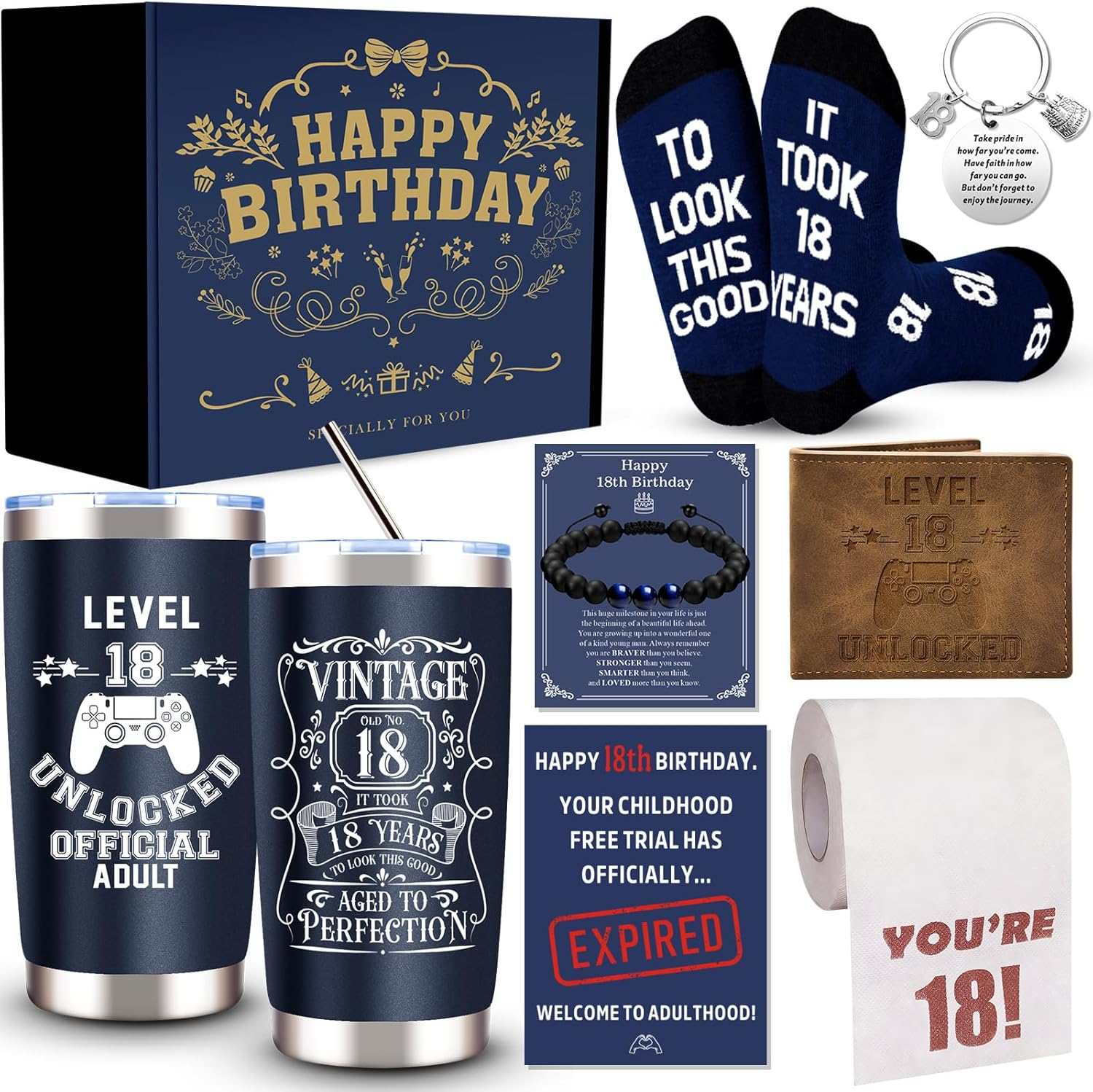 8 Pcs Happy 18th Birthday Gifts for Boys, 18 Year Old Boy Birthday Gifts Ideas with 20 Oz Tumbler, Funny Socks, Toilet Paper, Bracelet, Teen Boys Wallet, Keychain for Son, Nephew, Grandson, Brother