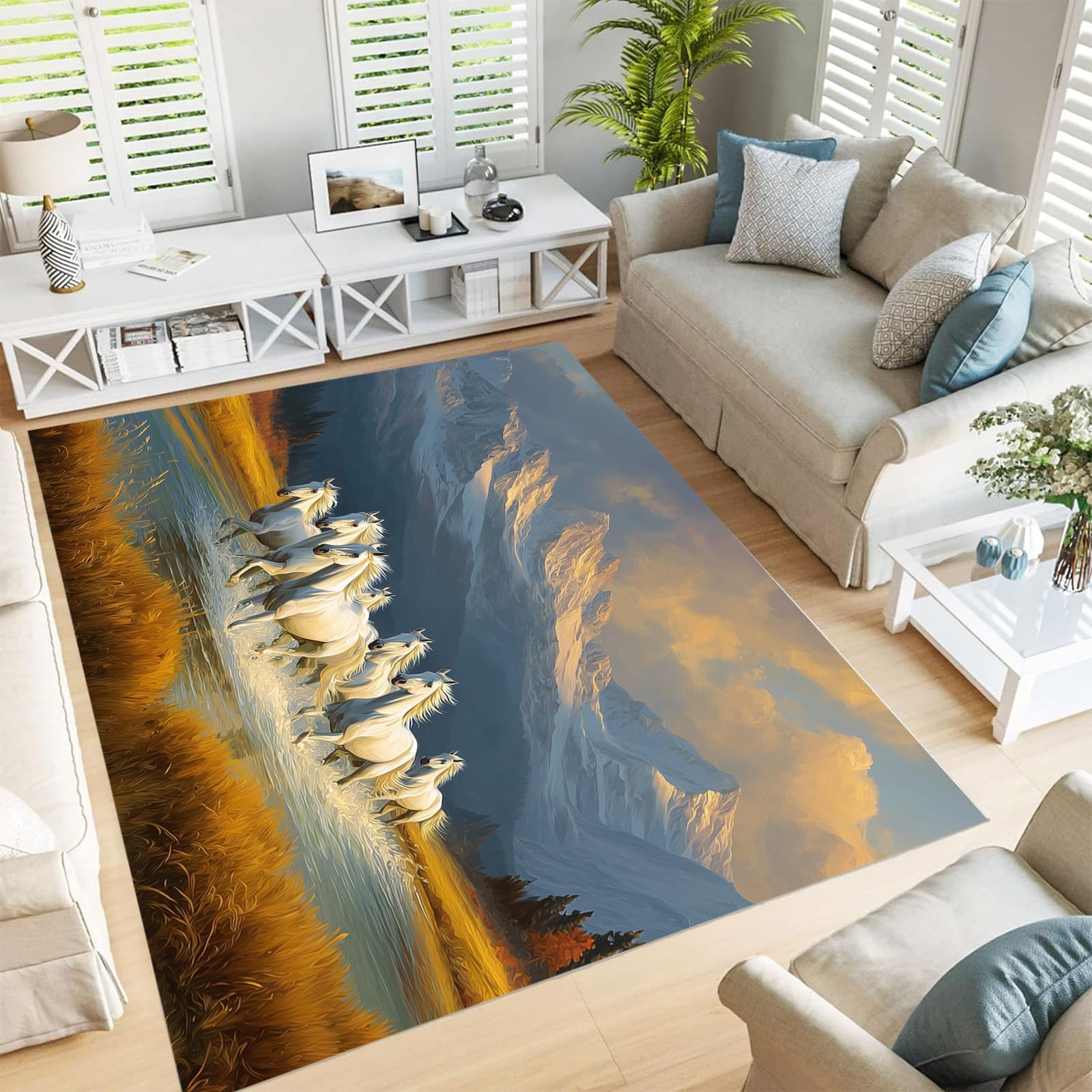 Tapis antidérapant doux 90x150cm peinture à l'huile herbe cheval blanc
